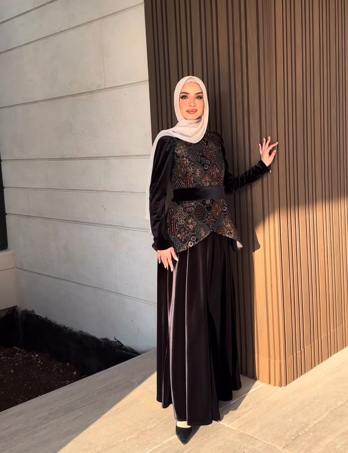 The Embroidered Velvet Peplum Gown – Midnight Gold