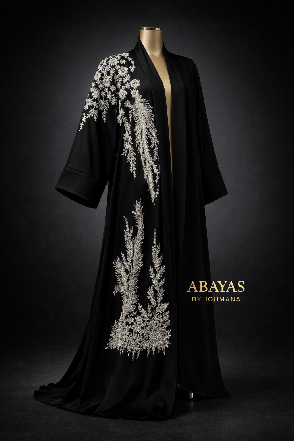 Black Silk Abaya With Fern Embroidery