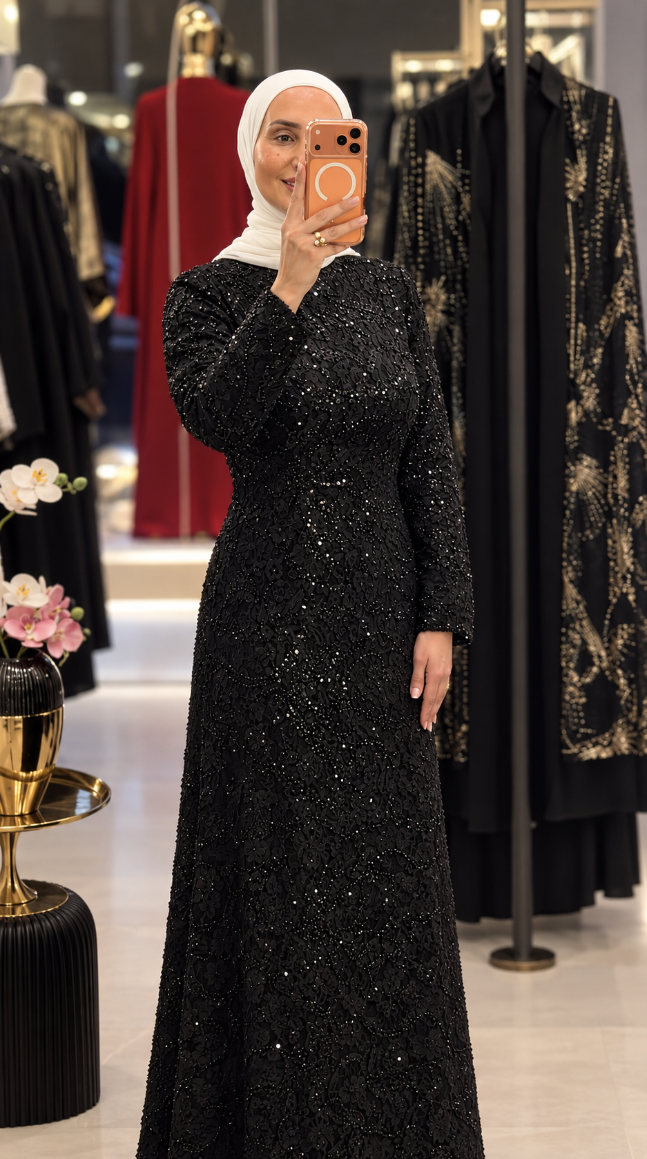 Black Denteille Dress With Embroidered Pearls
