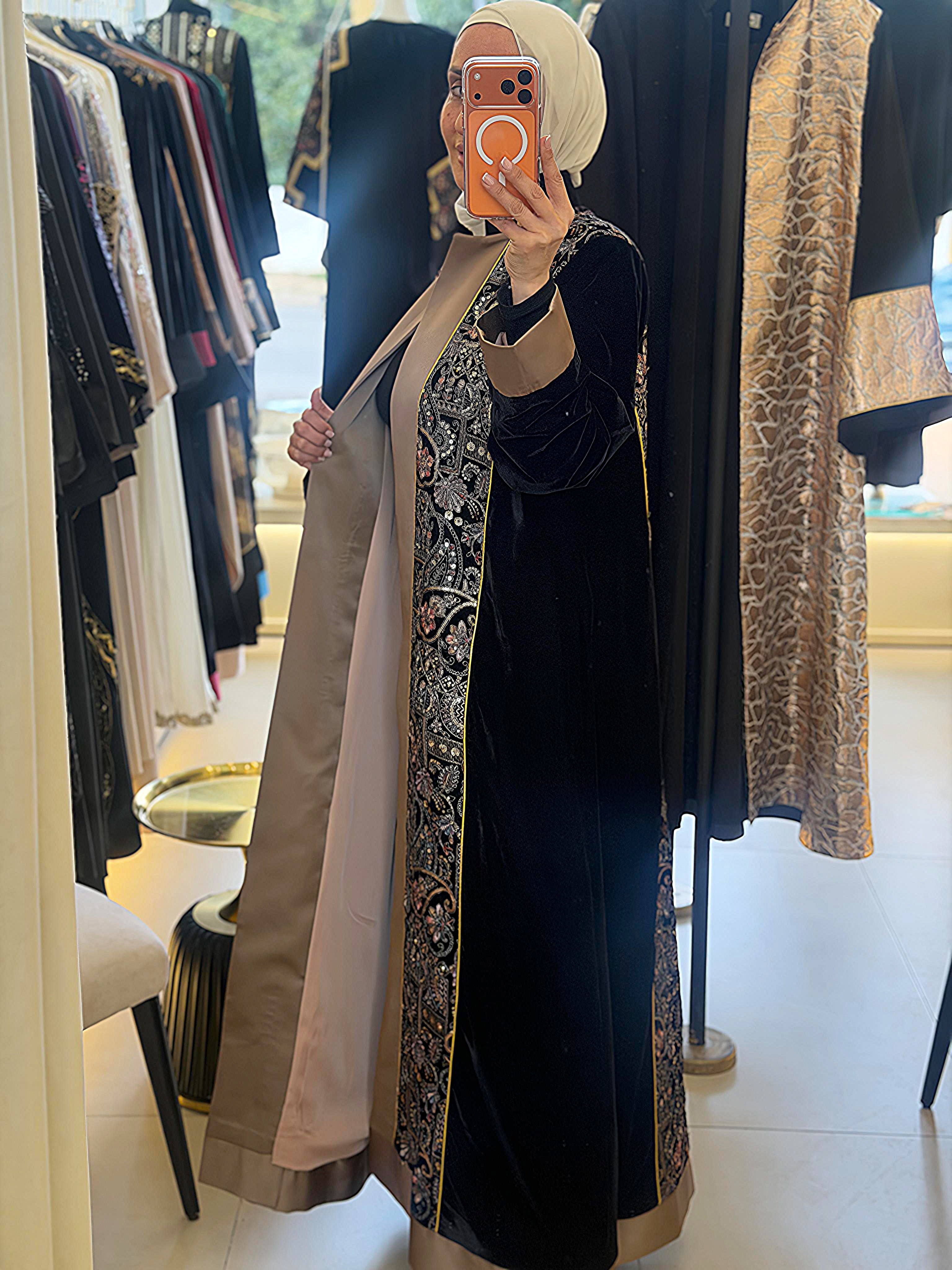 Embroidered Black Abaya (Mocha Frame) + Beige Touch