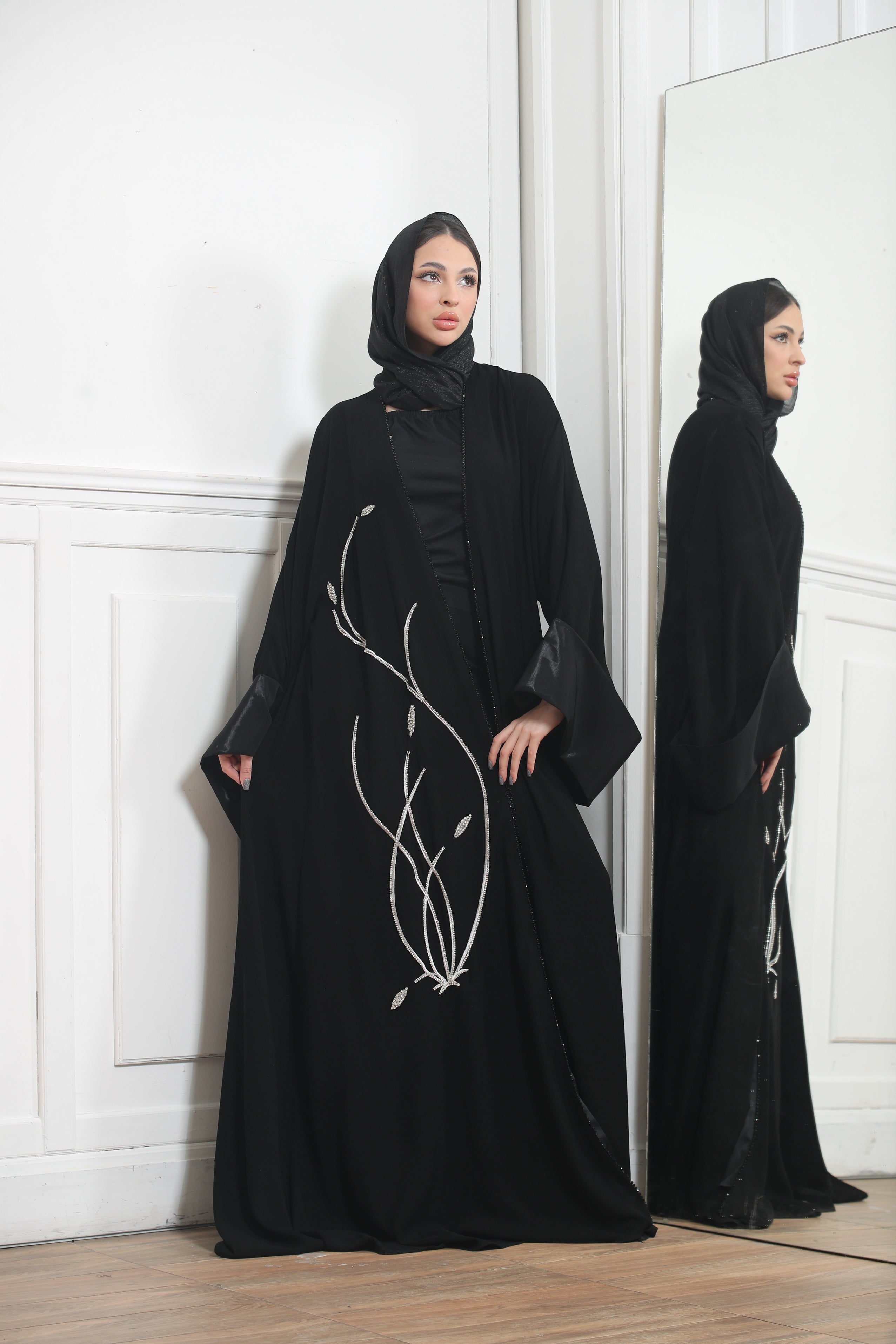 Black Abaya With Silver Stones Embroidery