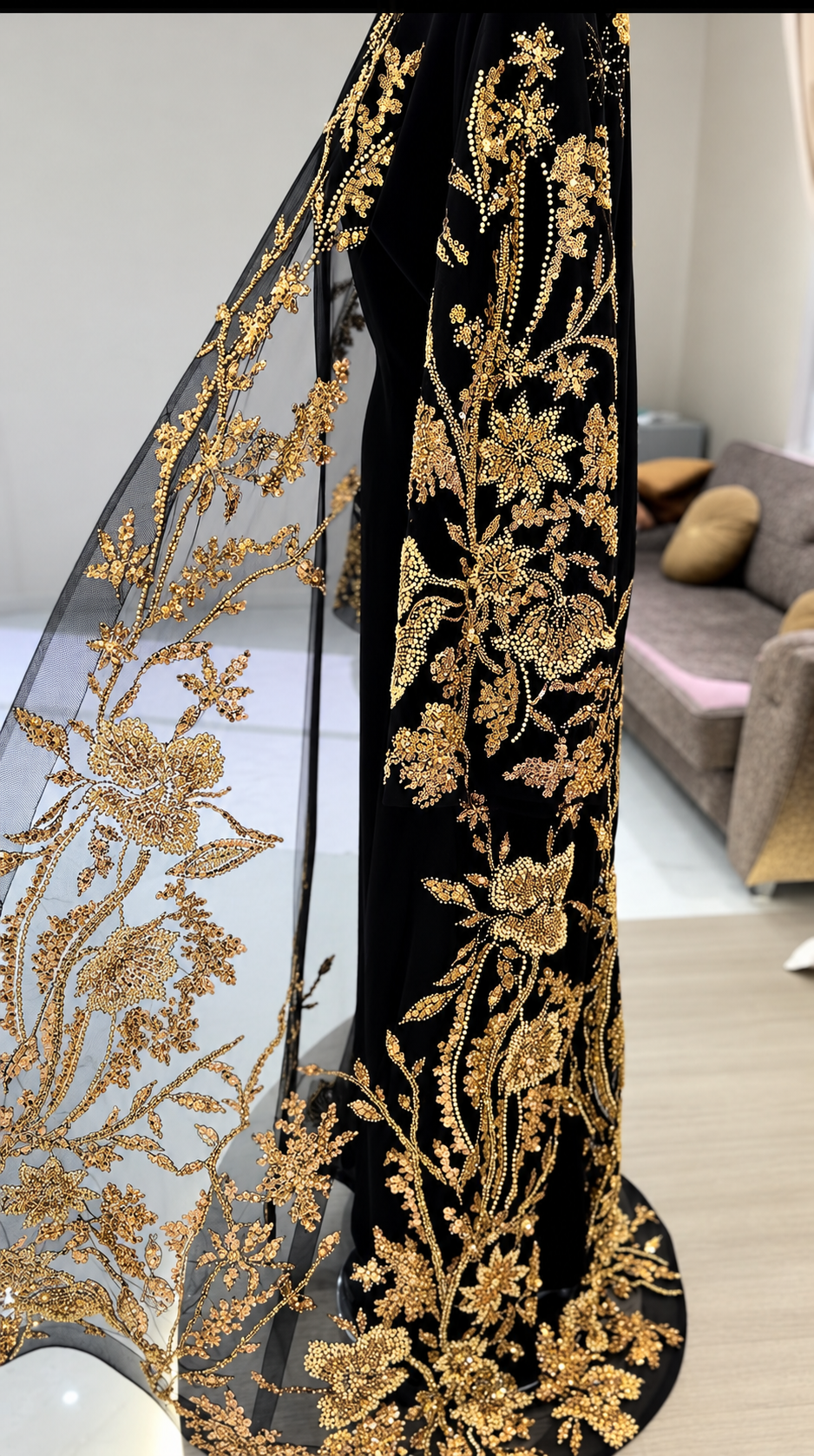 Hand Embroidered Black & Gold Abaya Set