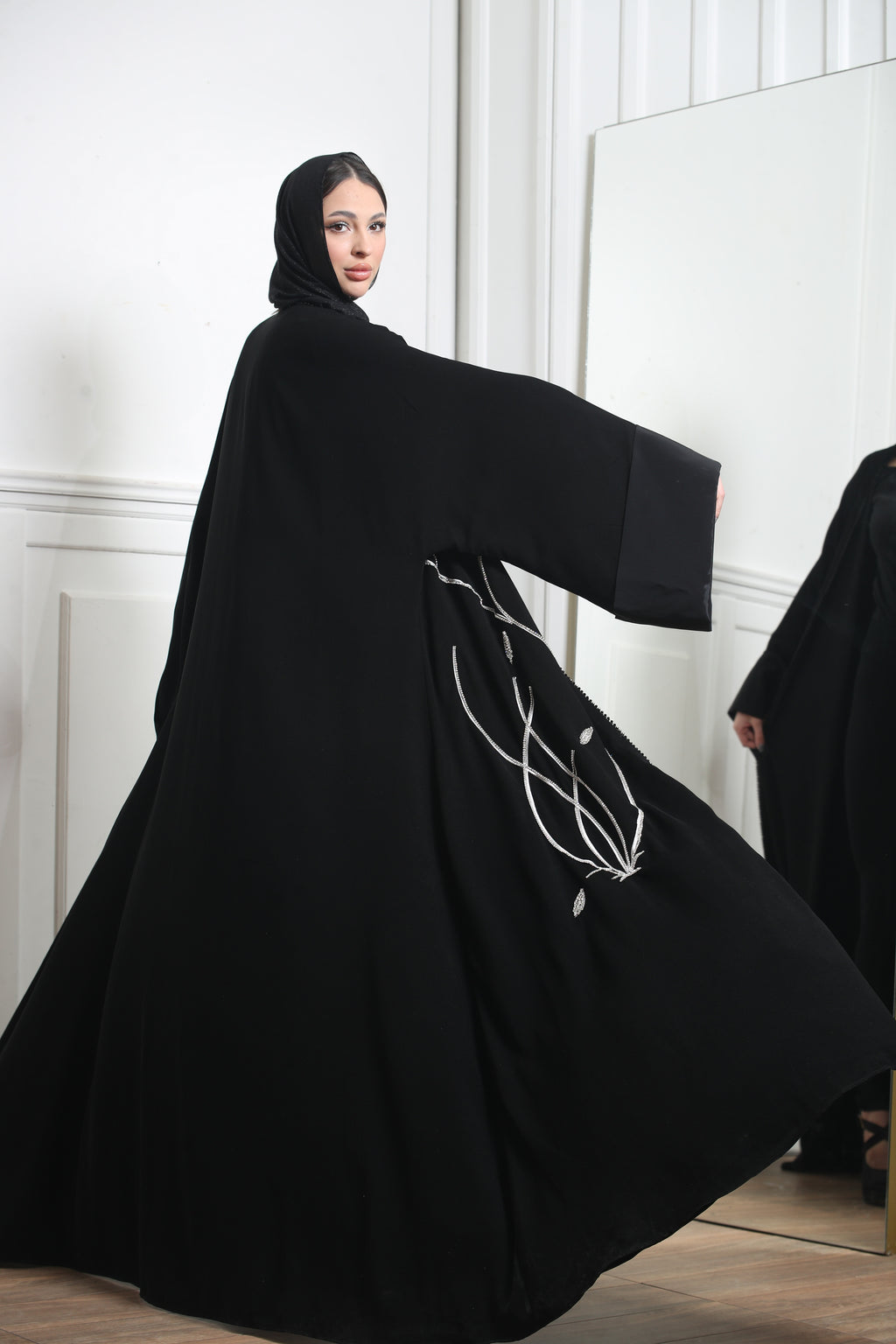 Black Abaya With Silver Stones Embroidery