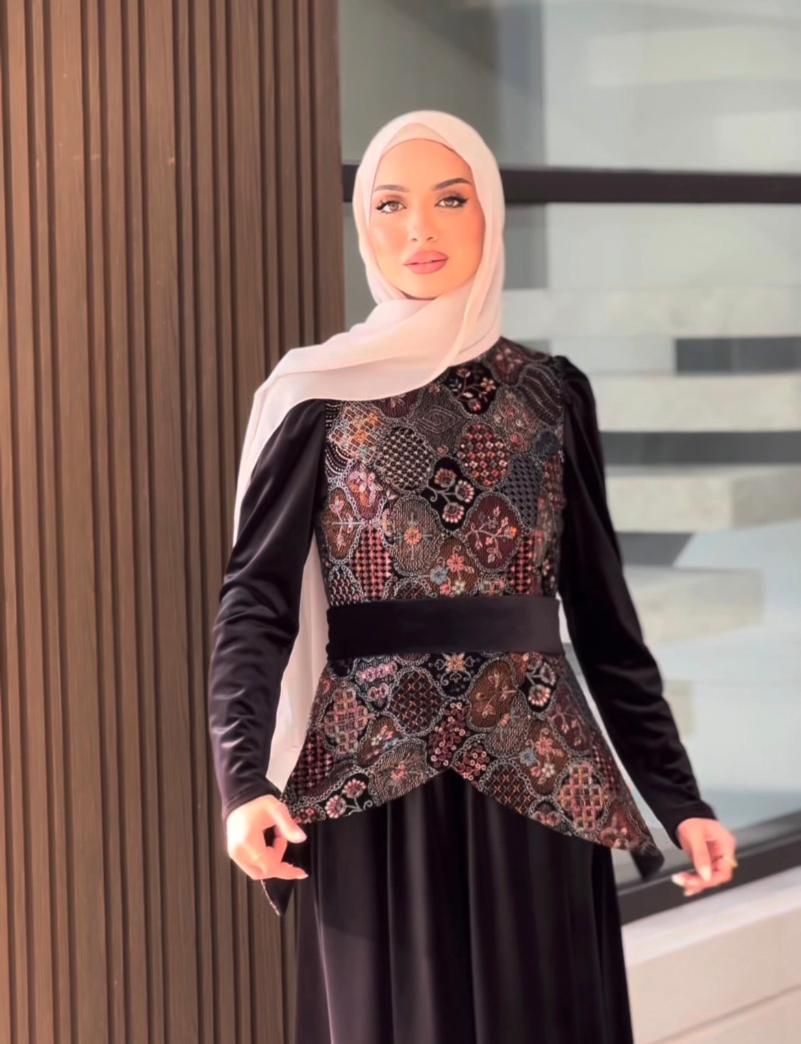 The Embroidered Velvet Peplum Gown – Midnight Gold