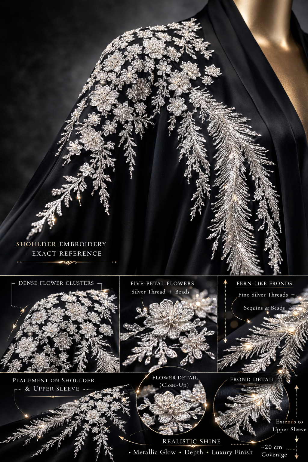 Black Silk Abaya With Fern Embroidery