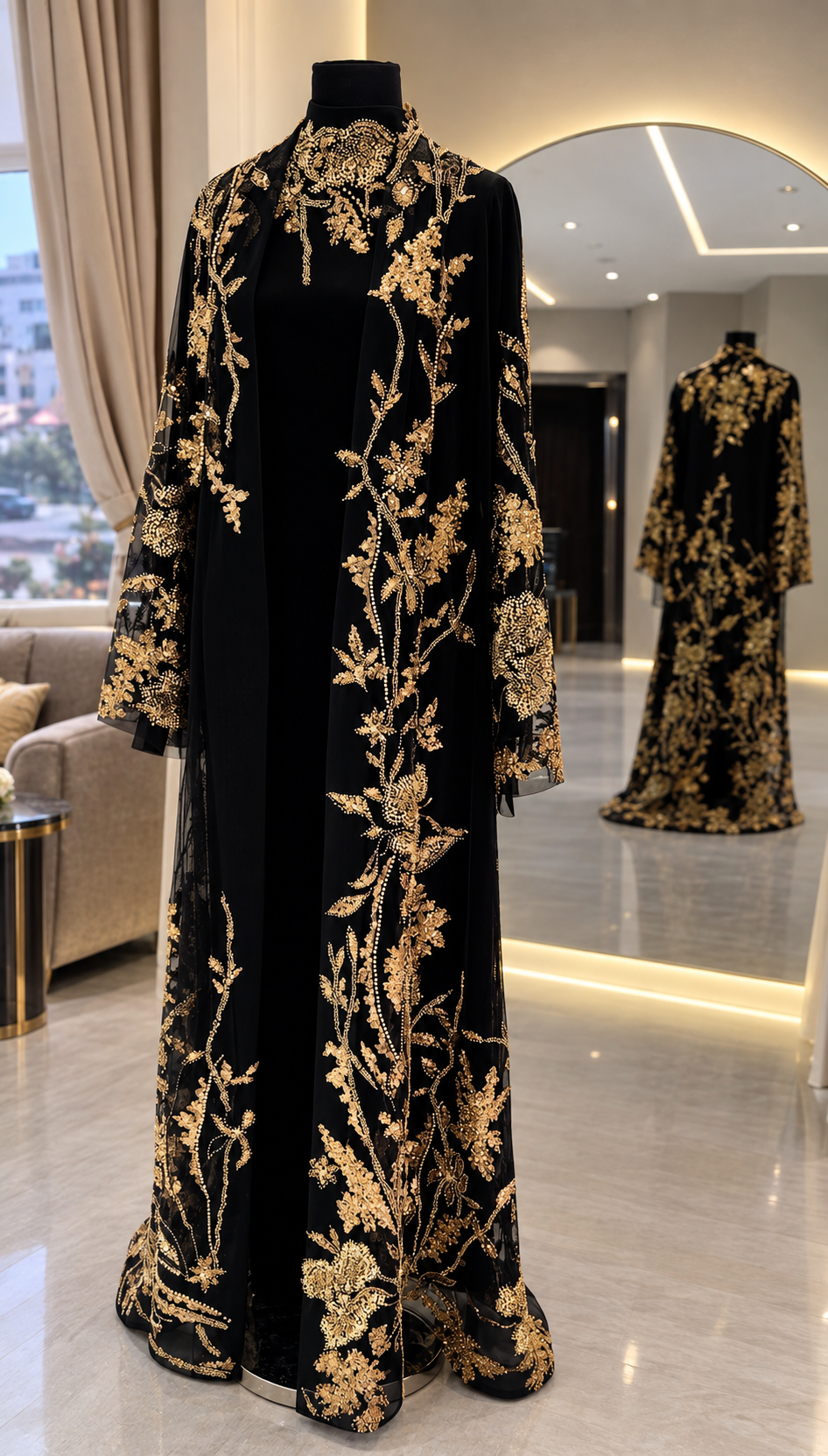 Hand Embroidered Black & Gold Abaya Set
