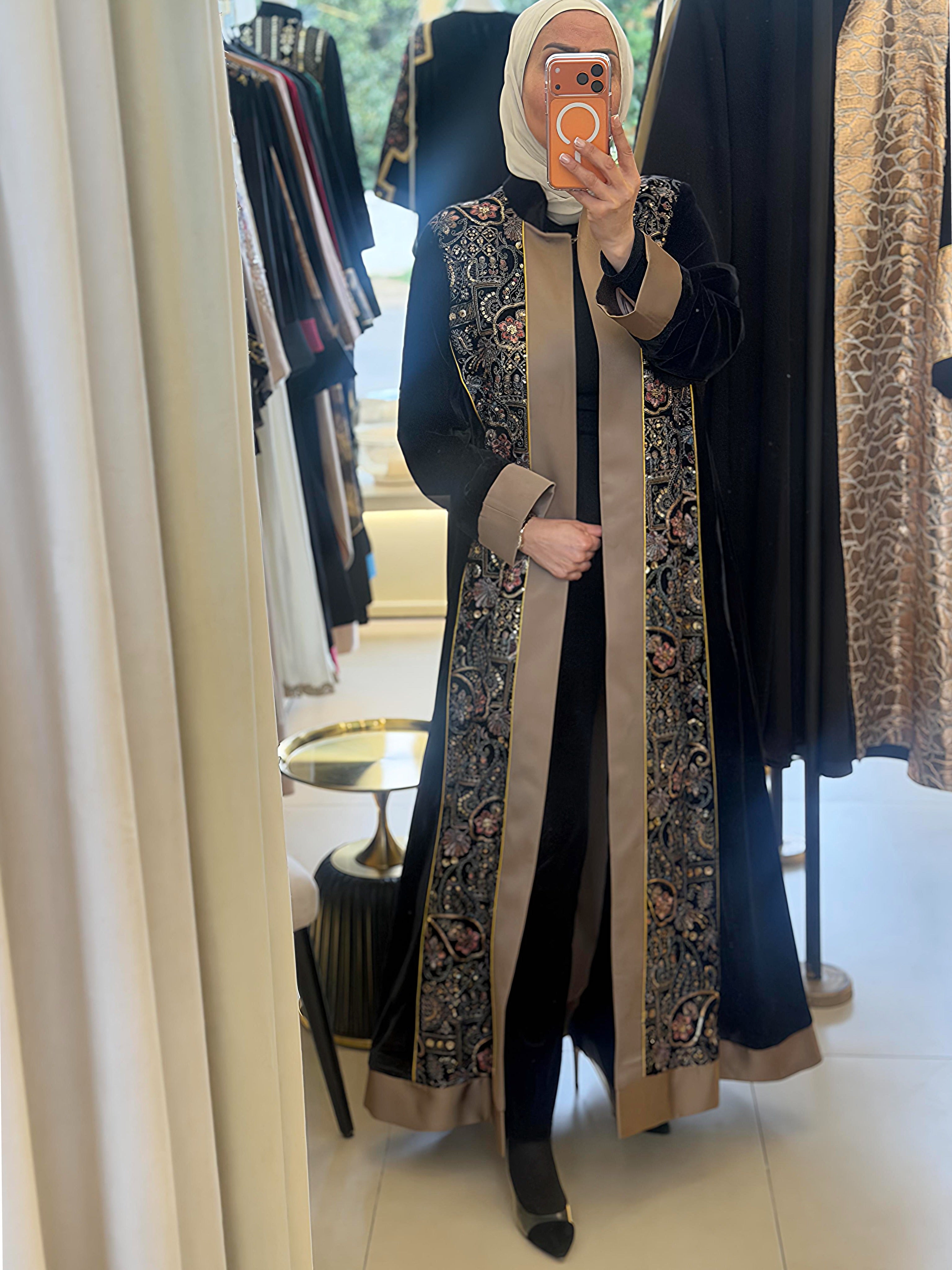 Embroidered Black Abaya (Mocha Frame) + Beige Touch