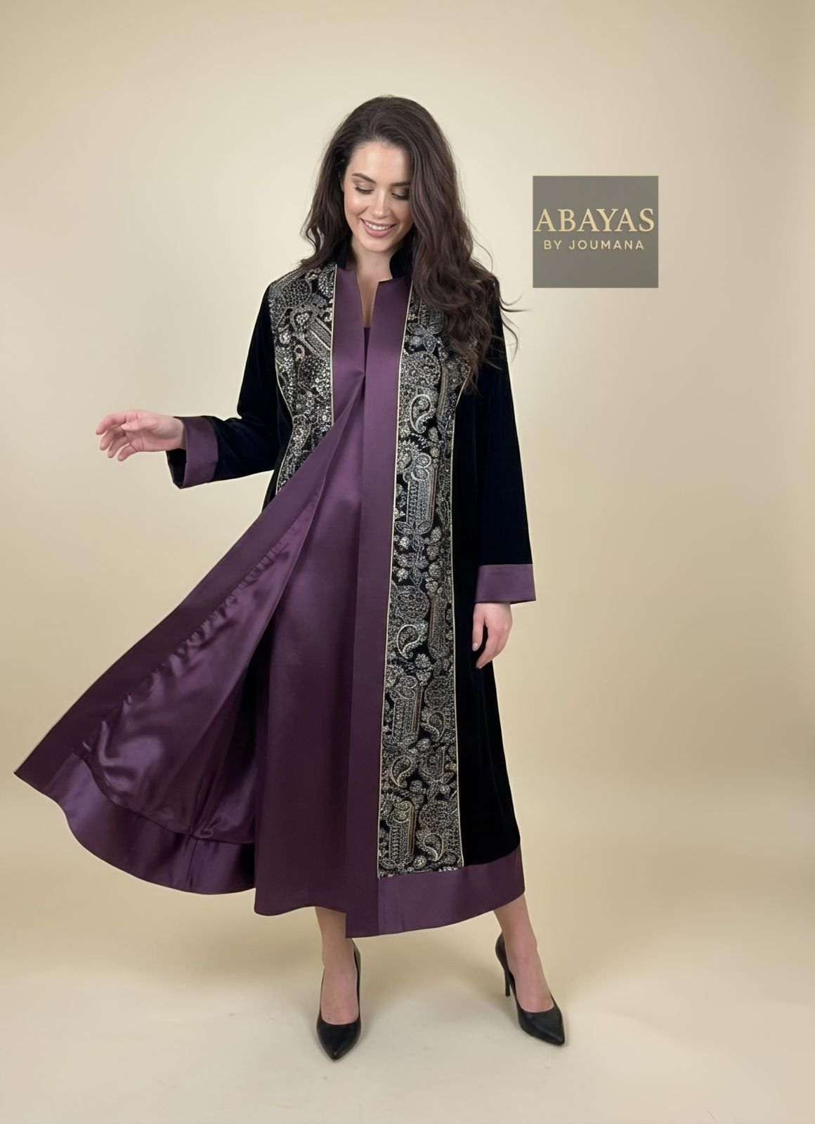 Embroidered Black Abaya (Purple Frame)