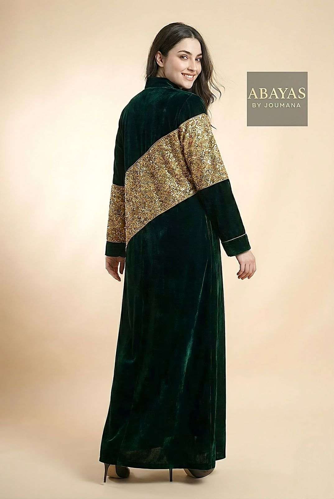 Dark Green Velvet Abaya + Golden Embroidery