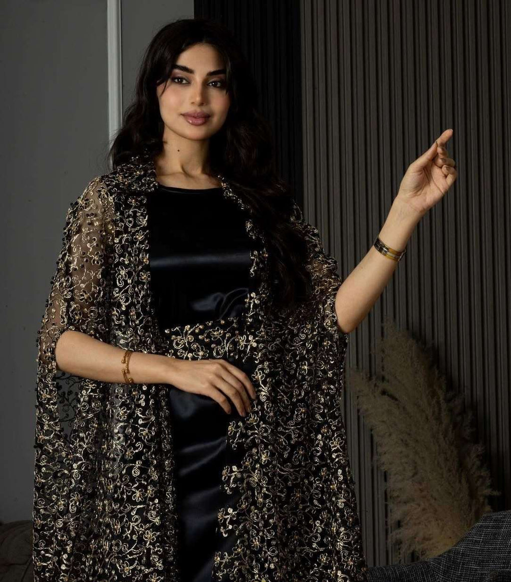 Black Cardigan With Black and Golden Pearls
