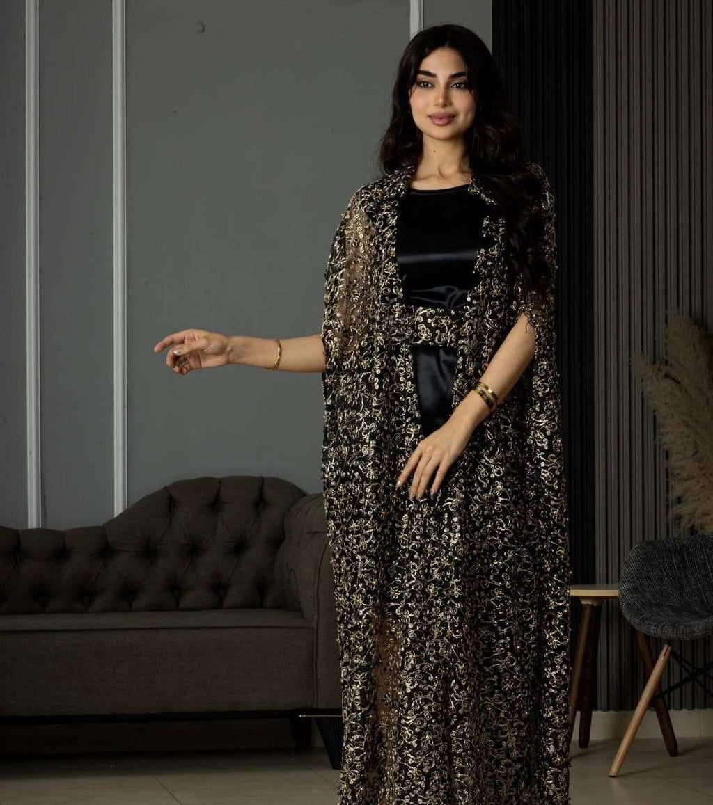 Black Cardigan With Black and Golden Pearls