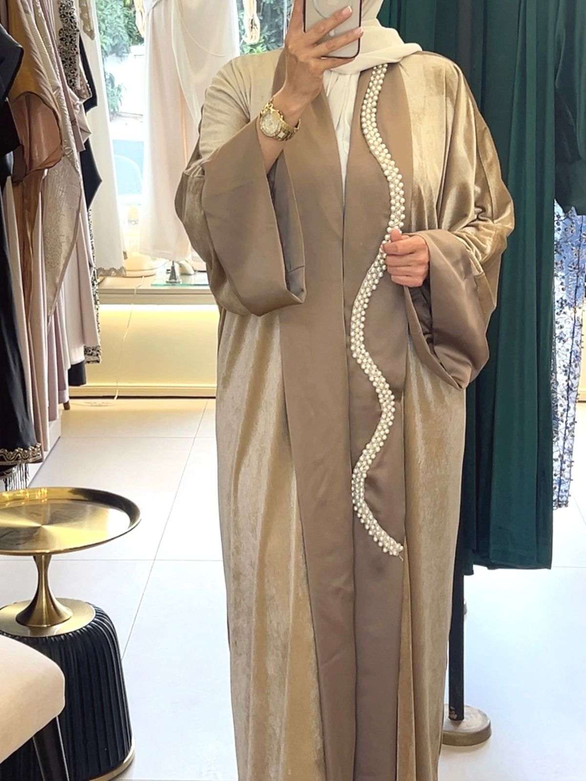 Velvet Beije Abaya Embroidered With Pearls