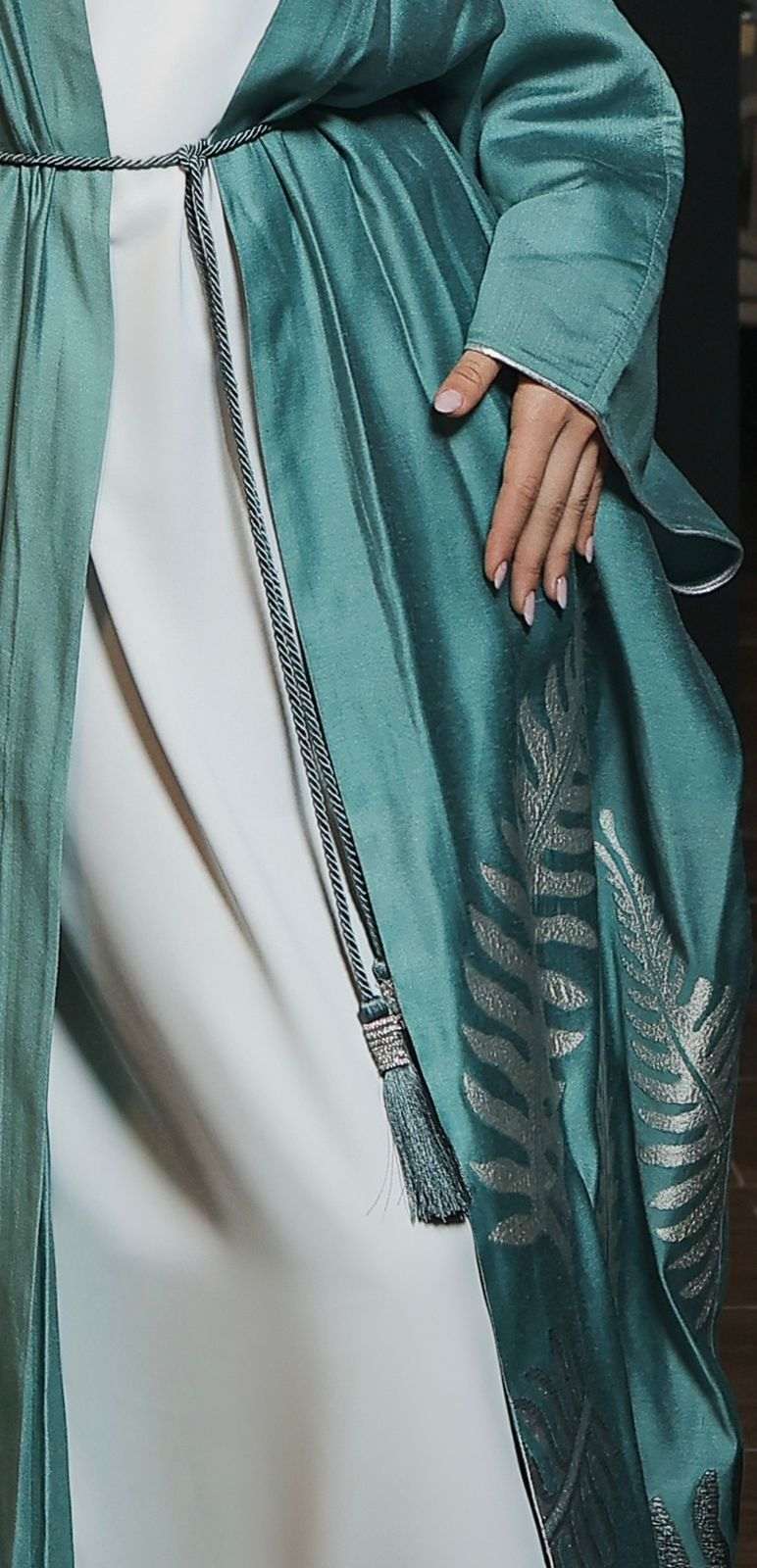 Teal Green Abaya With Flowers Pattern
