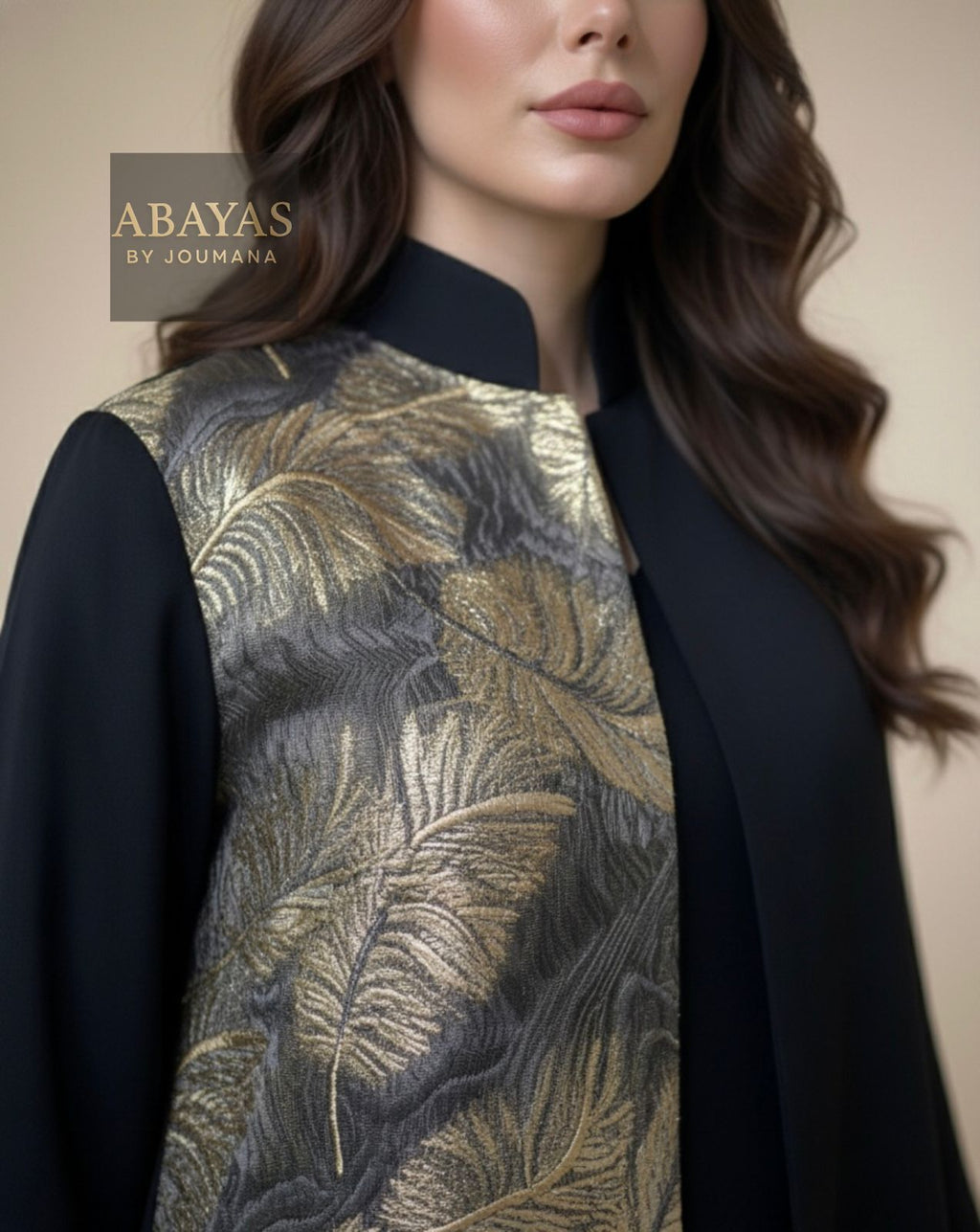 Black Premium Crepe Abaya + Partial Parts Of Jaqard Fabric (Feathers Pattern)