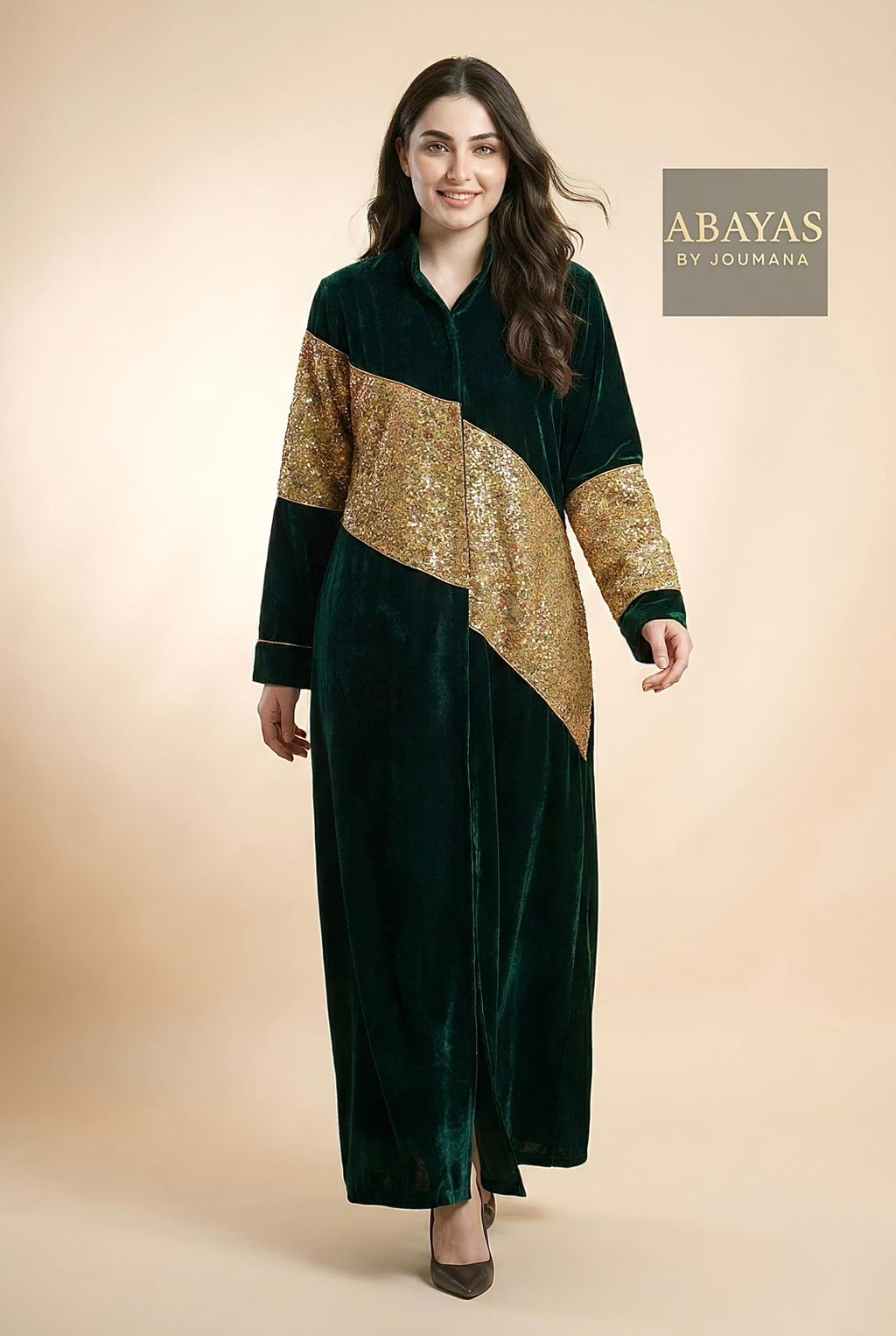 Dark Green Velvet Abaya + Golden Embroidery