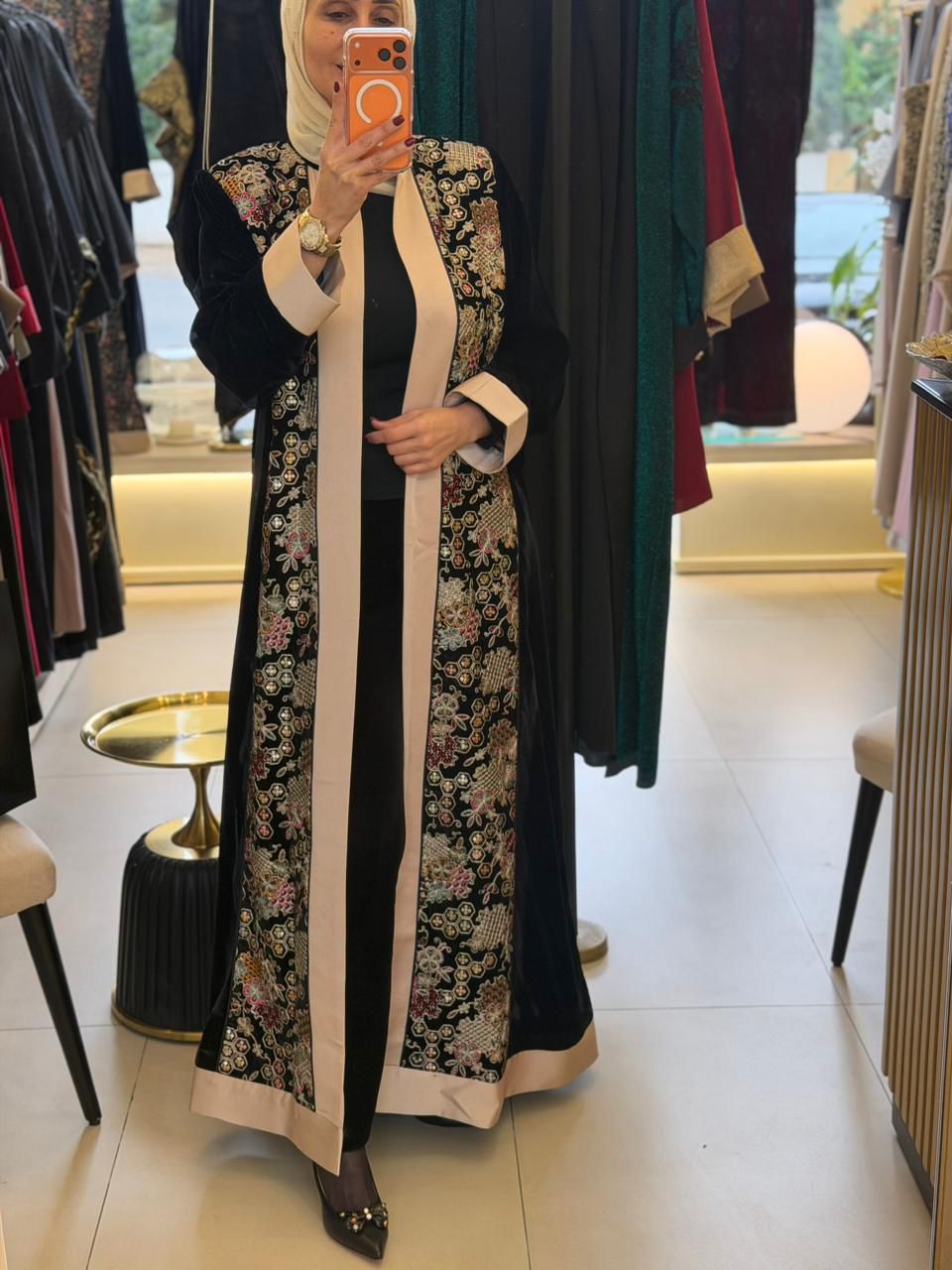 Embroidered Black Abaya (Beije Frame) + Olive Touch