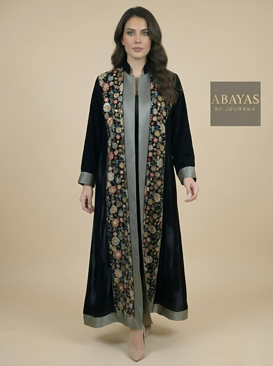 Embroidered Black Abaya (Olive Frame) Flowers with crystals