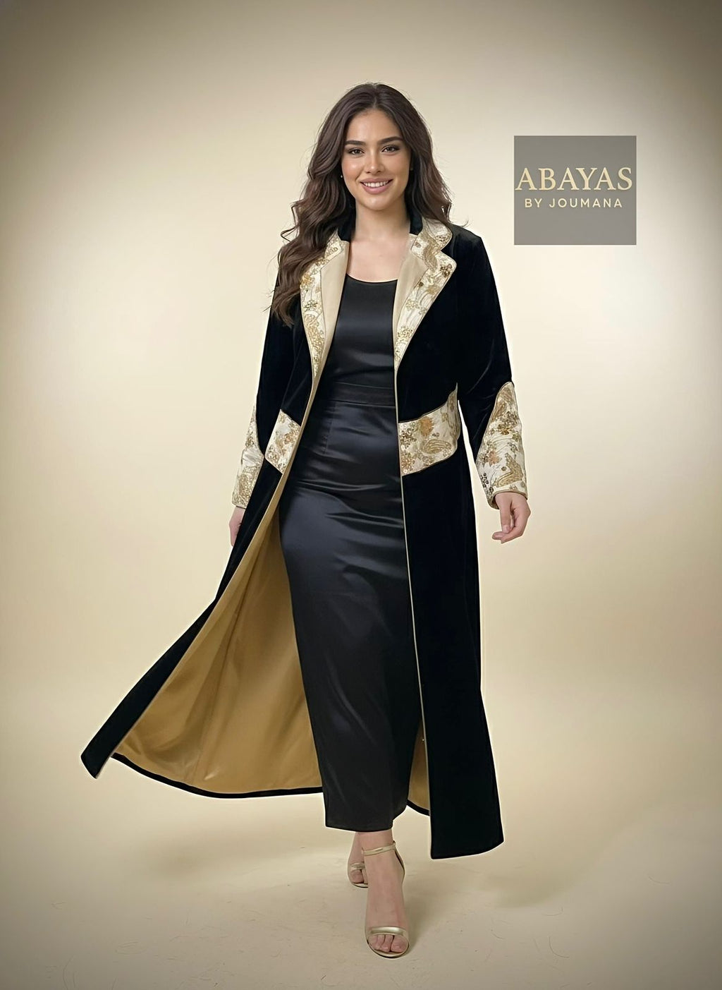 Black Velvet Abaya (Golden Touch With Crystals)