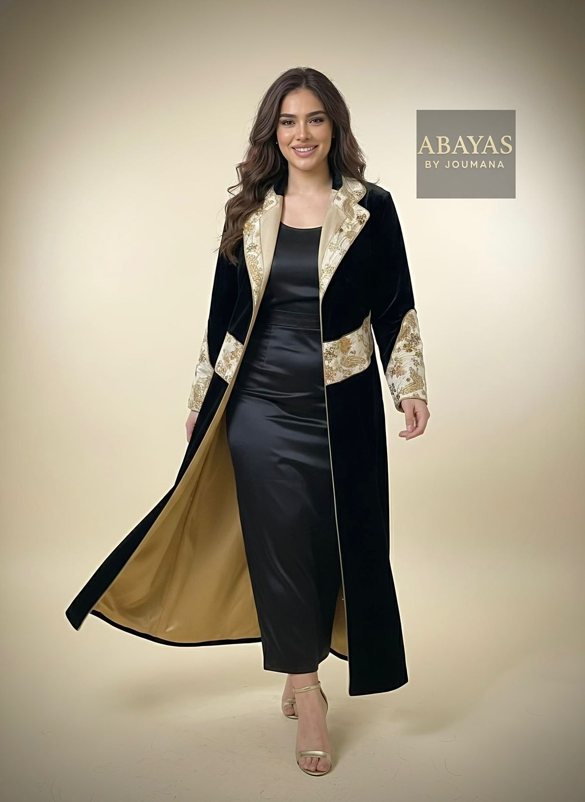 Black Velvet Abaya (Golden Touch With Crystals)
