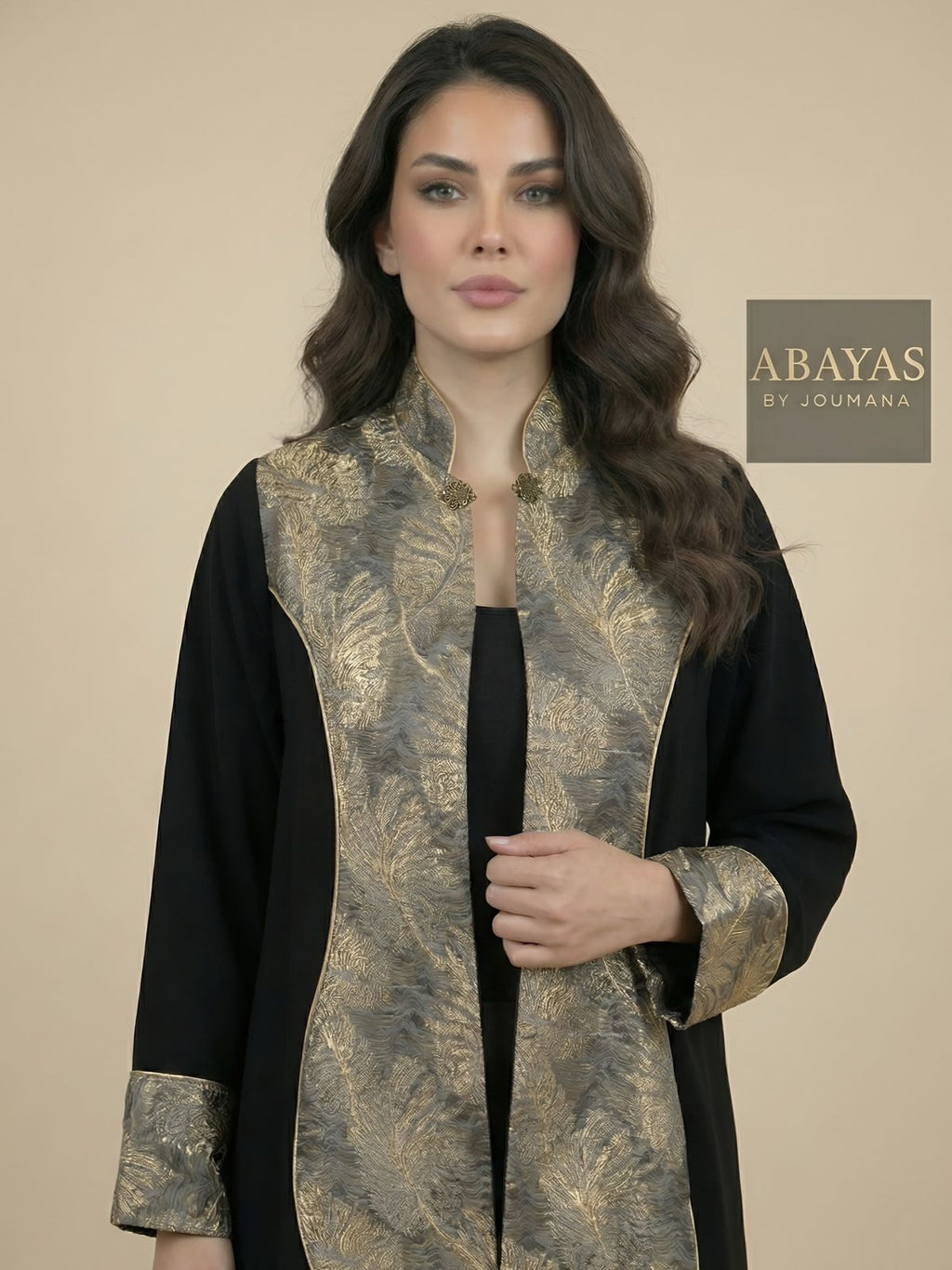 Black Premium Crepe Abaya + Jaqard Fabric (Feathers Pattern)