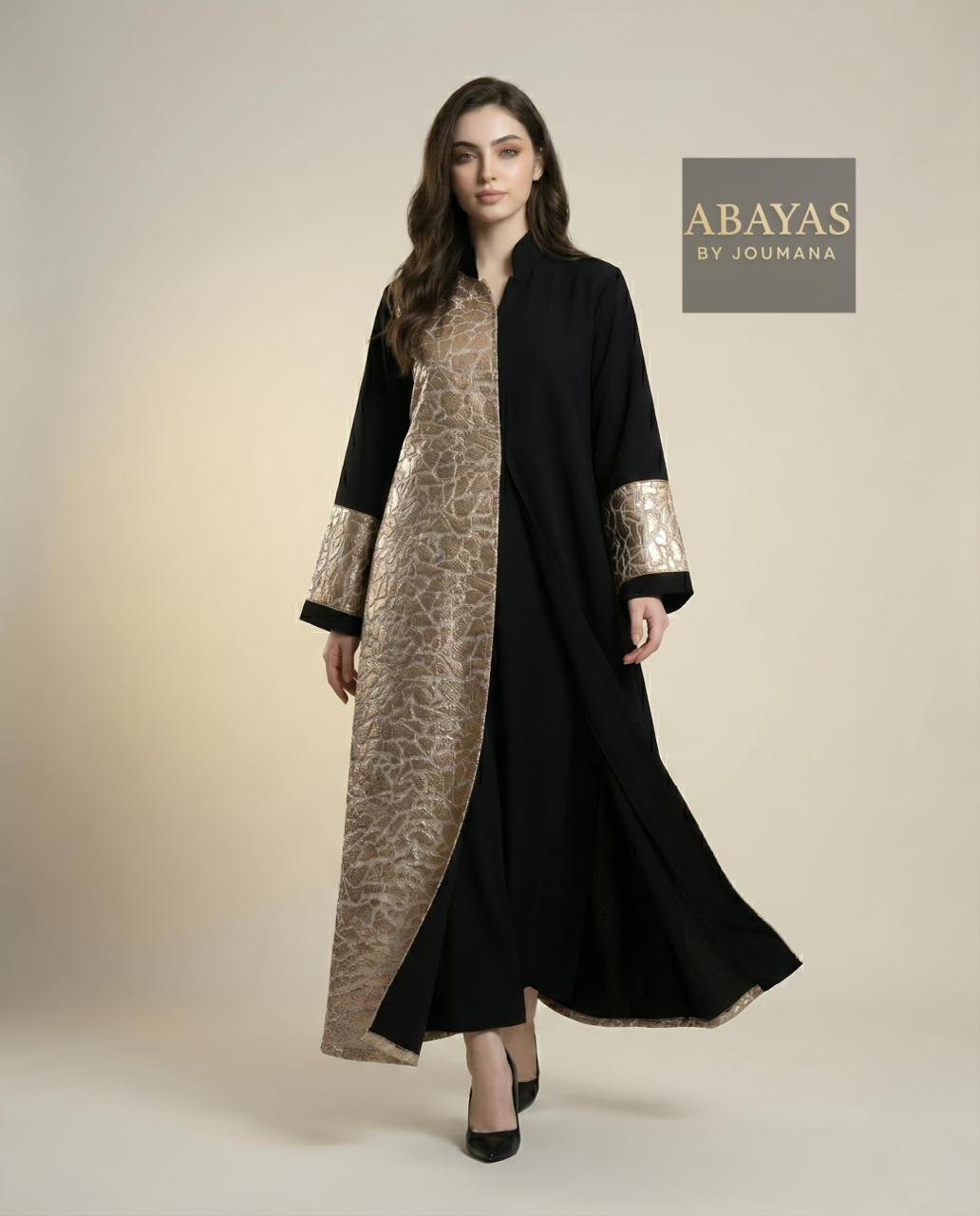 Black Premium Crepe Abaya + Golden Bricks Pattern