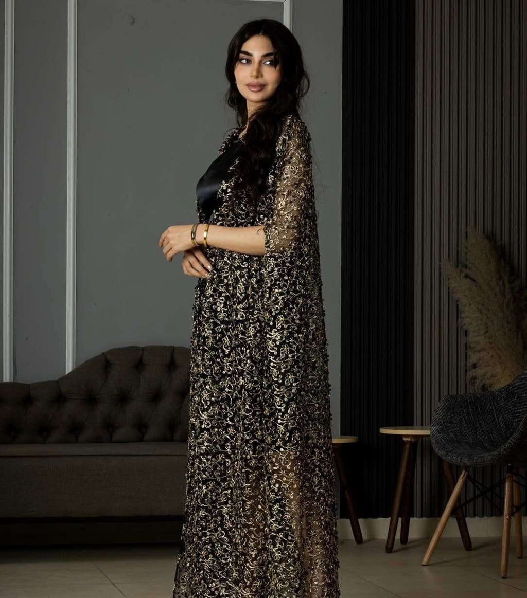 Black Cardigan With Black and Golden Pearls