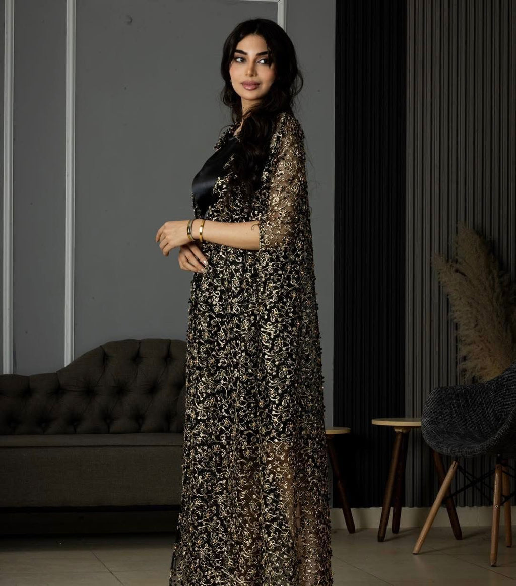 Black Cardigan With Black and Golden Pearls