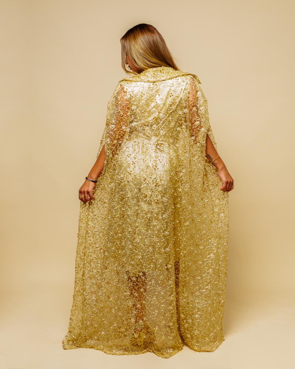 Golden Cardigan With Golden And White Pearls