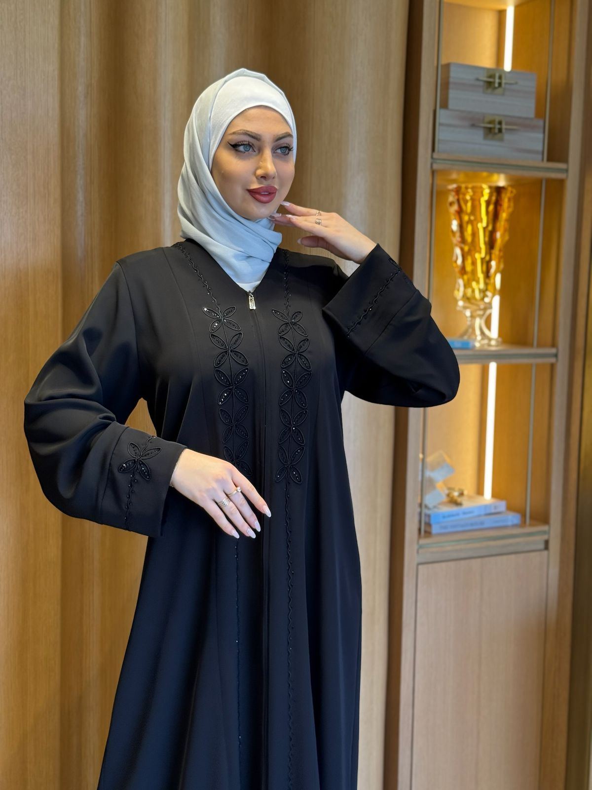 Black Jalabiya With Black Pattern Flowers