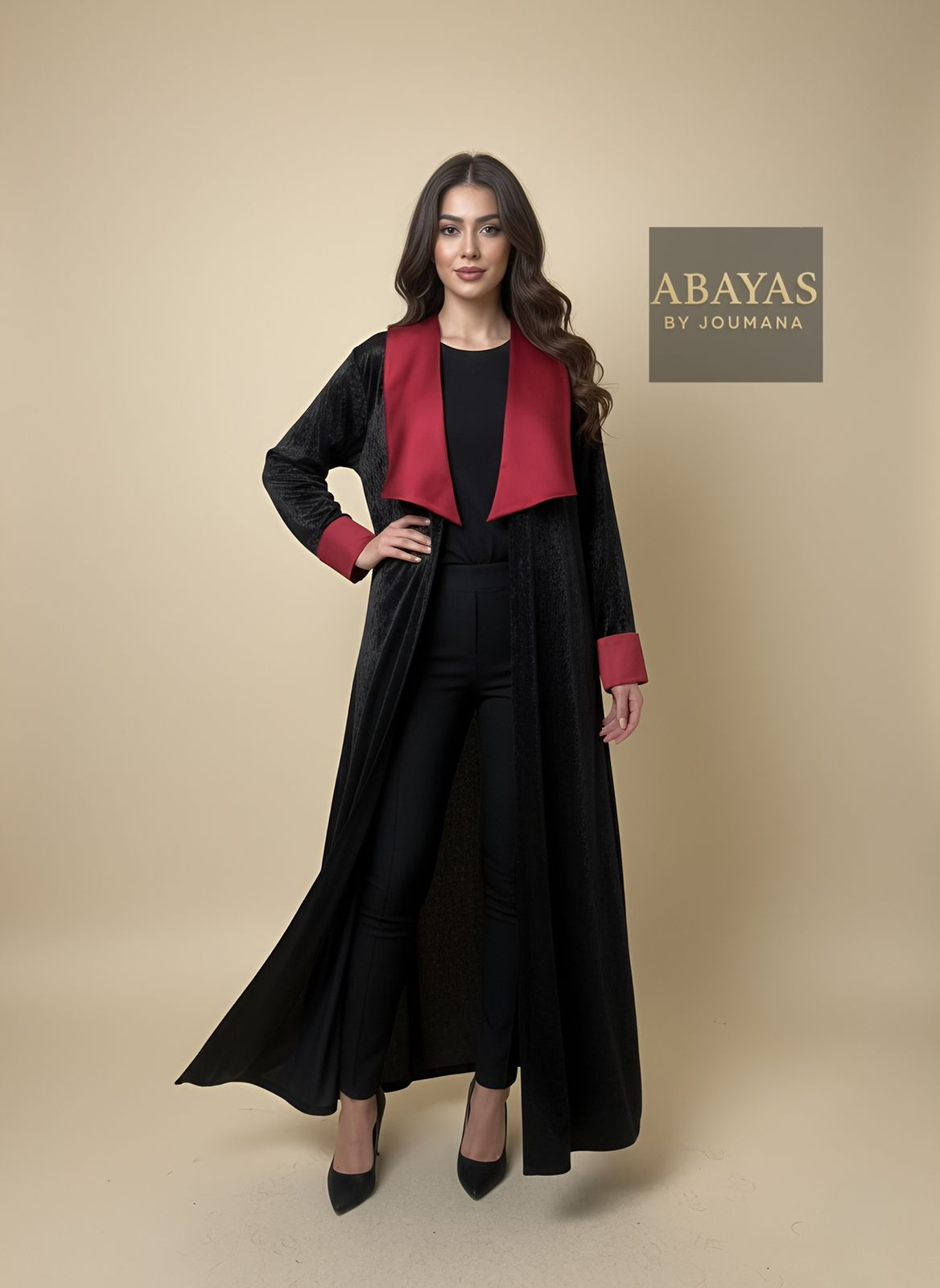 Black Crushed Velvet Abaya With Rectangular Collar (Burgundy)