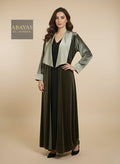 Olive Velvet Abaya With Rectangular Collar