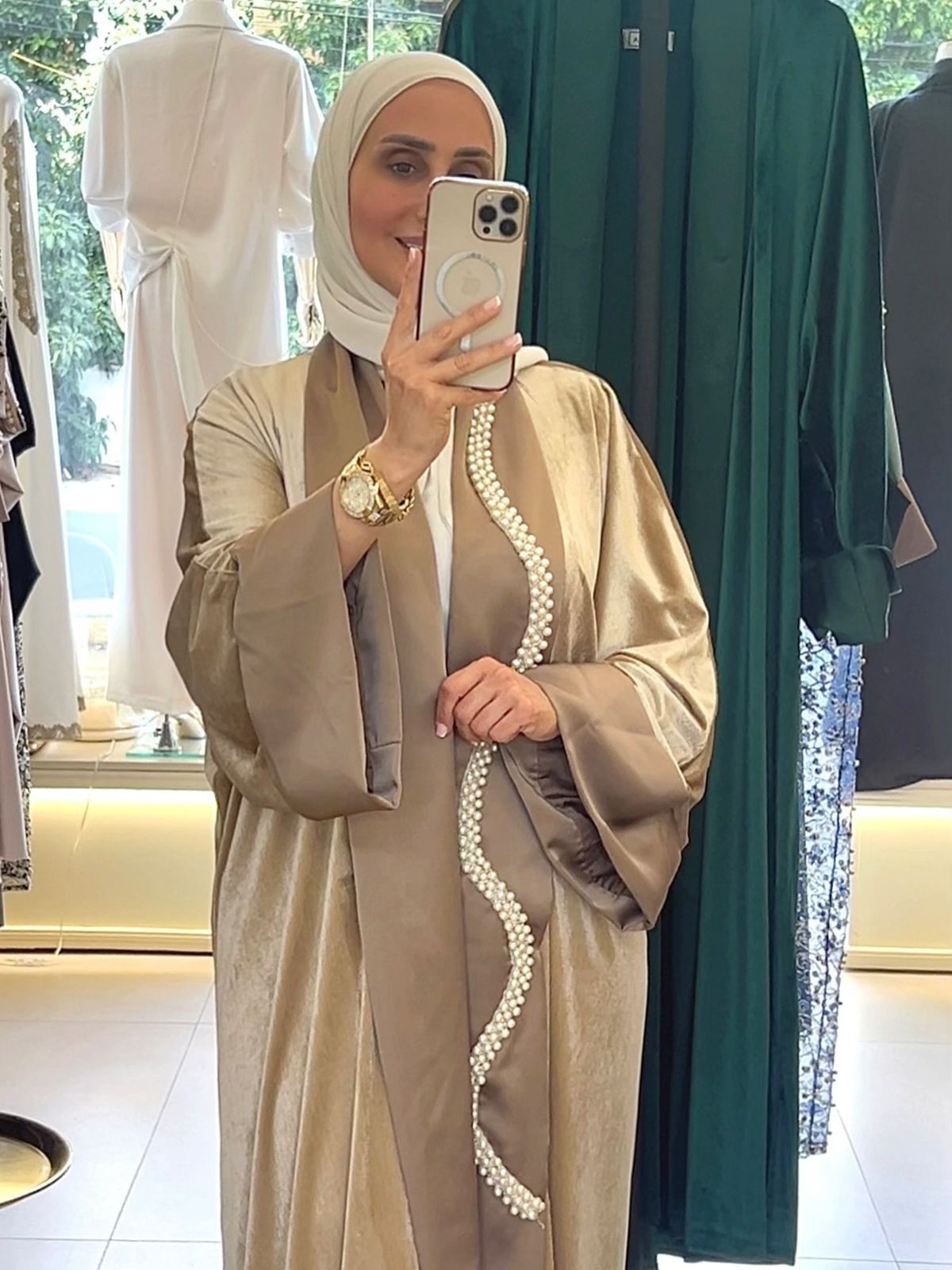 Velvet Beije Abaya Embroidered With Pearls