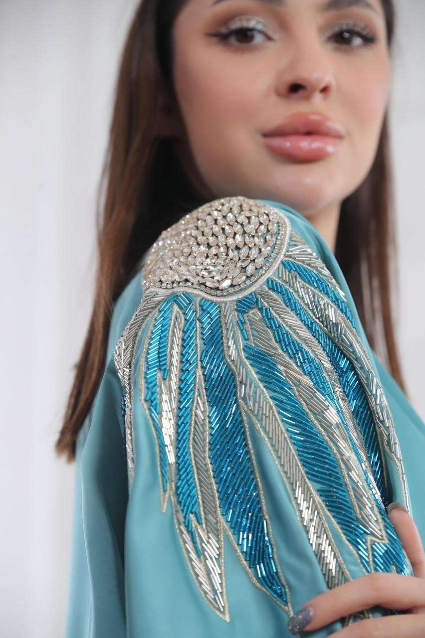 Baby Blue Abaya Embroidered With Crystals