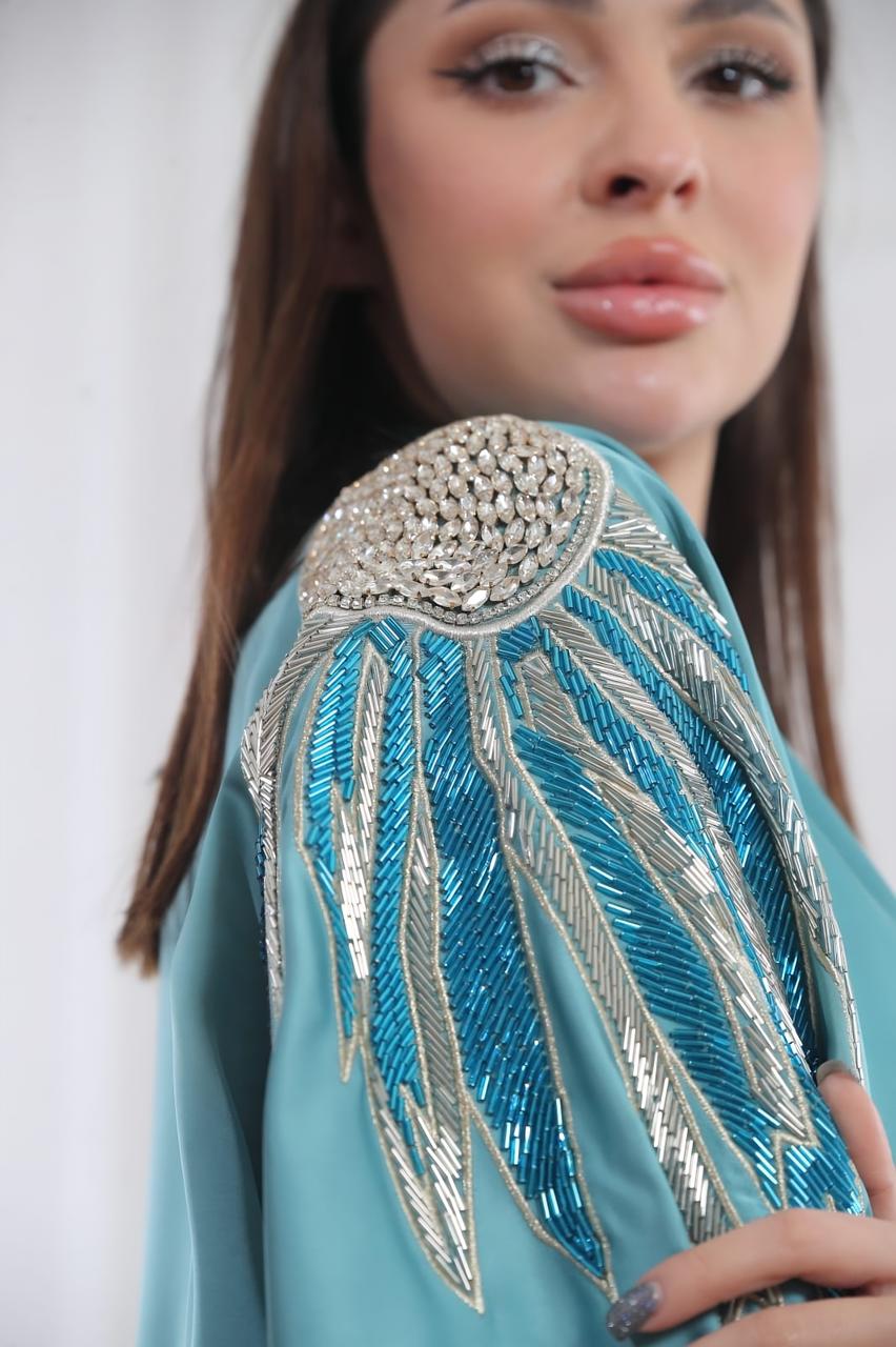 Baby Blue Abaya Embroidered With Crystals