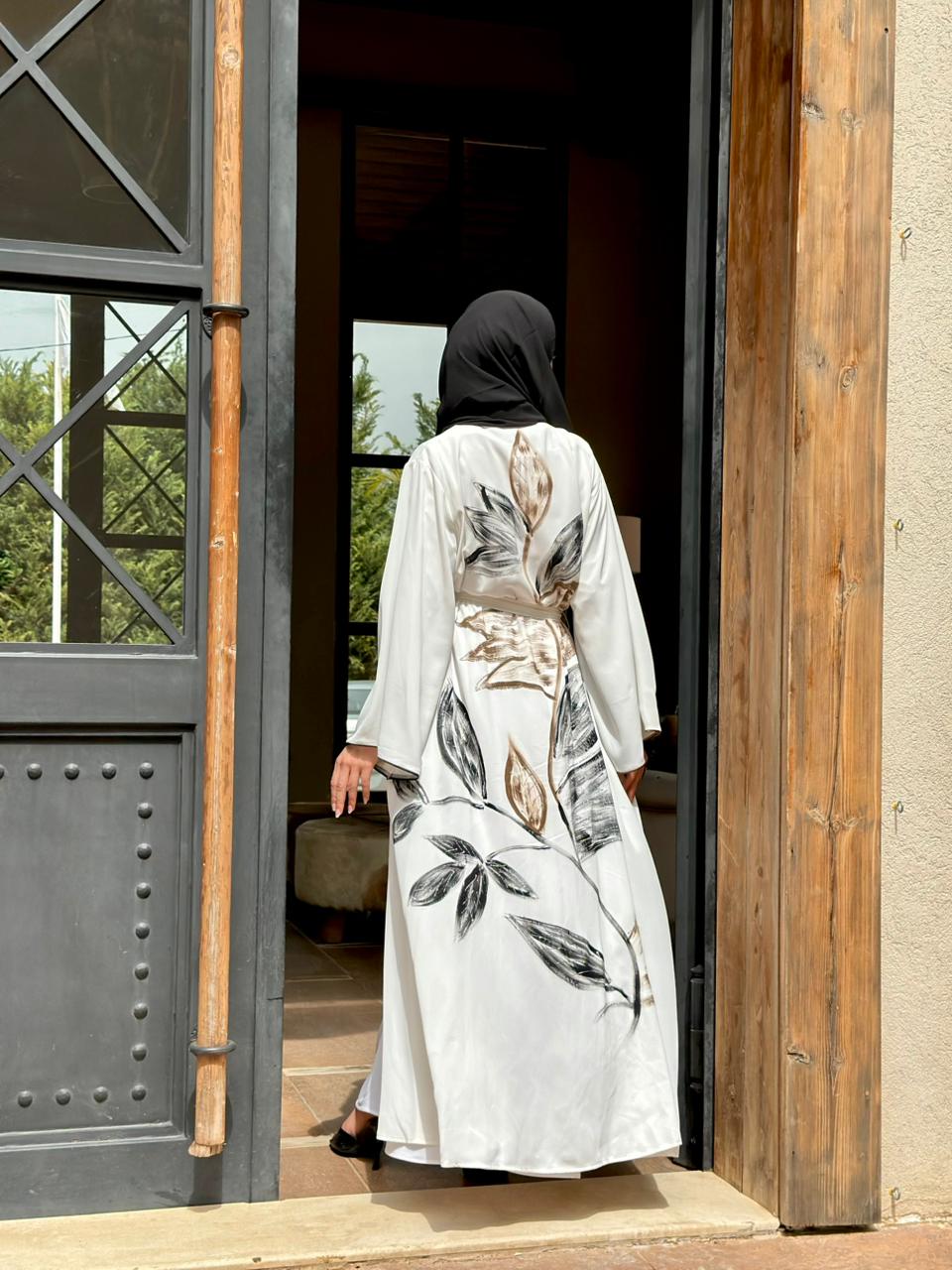 White Abaya With Flowers Pattern