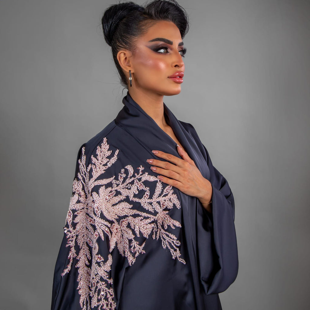 Black Abaya With Heavy Pink Embroidery