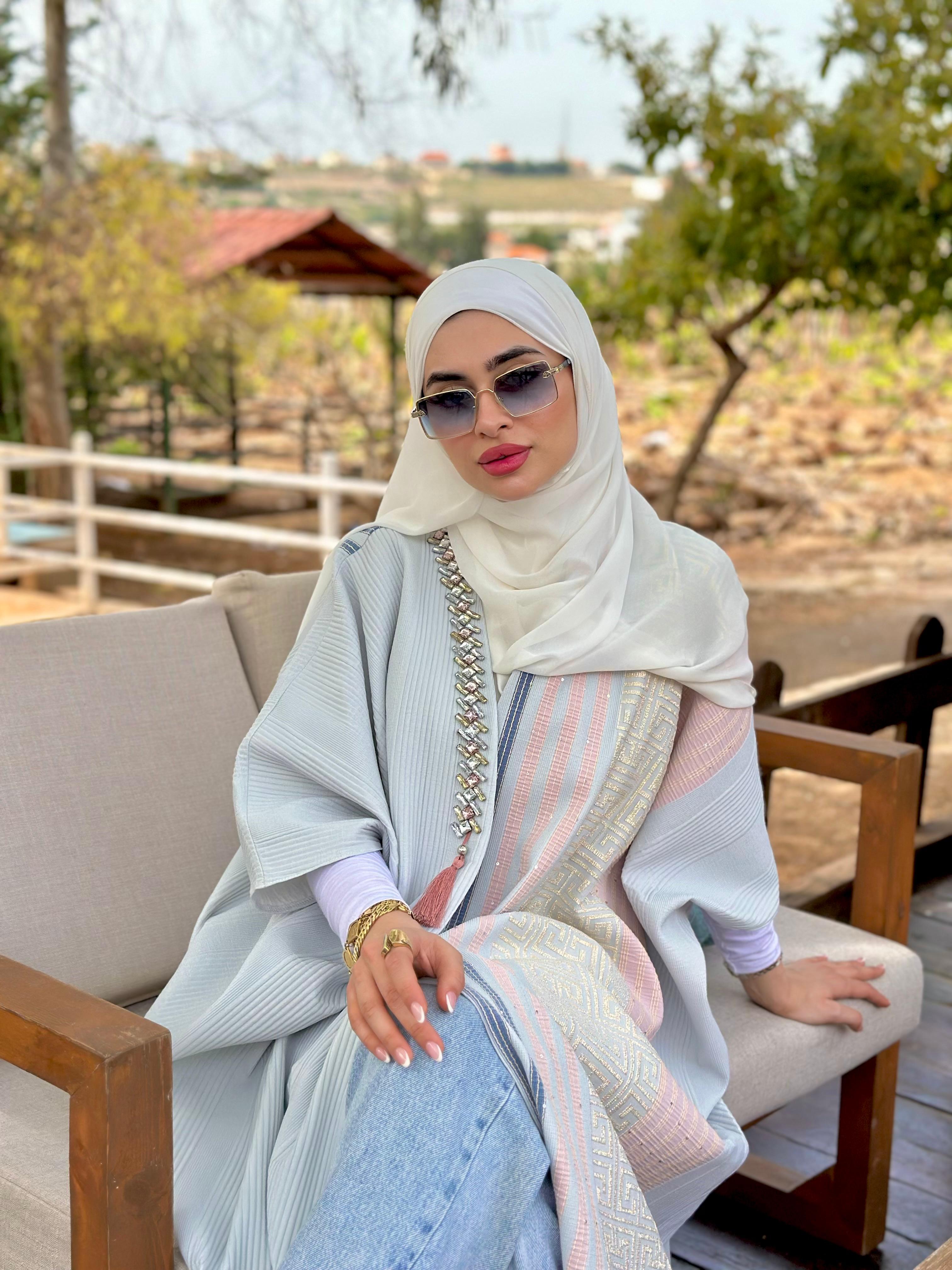 Sky Blue Abaya With Crystal Chain
