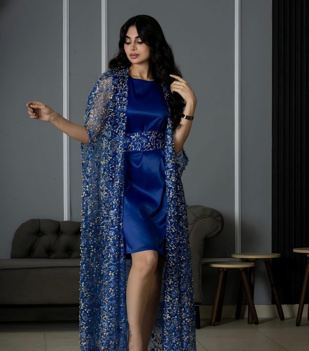 Blue Cape With Embroidered Pearls