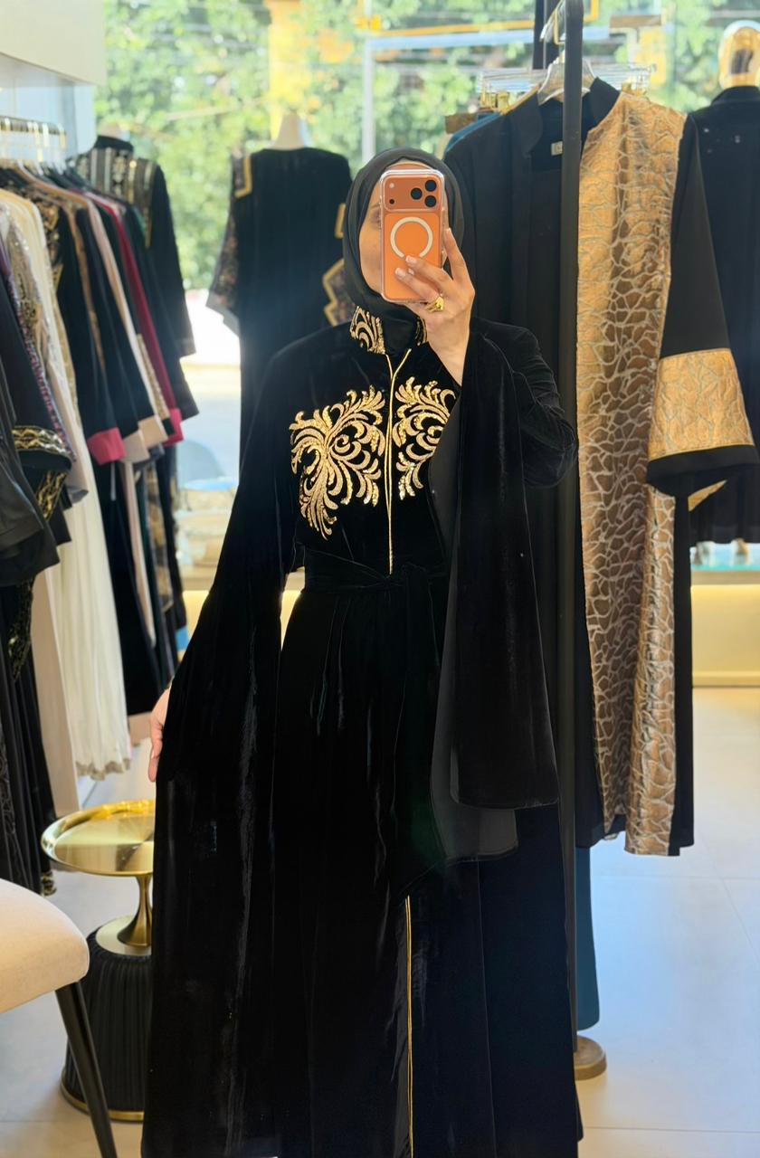 Long Sleeve Black Jalabiya With Golden Embroidery