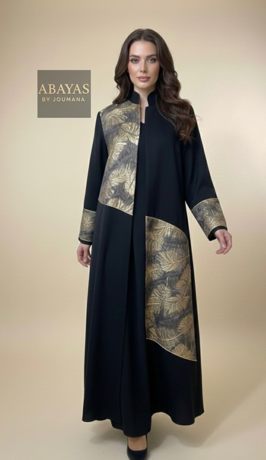 Black Premium Crepe Abaya + Partial Parts Of Jaqard Fabric (Feathers Pattern)