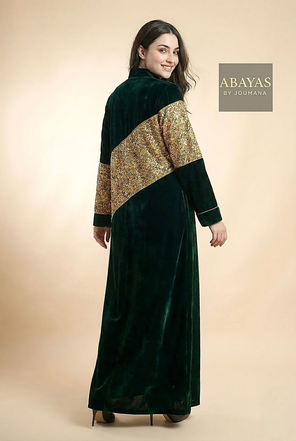 Dark Green Velvet Abaya + Golden Embroidery