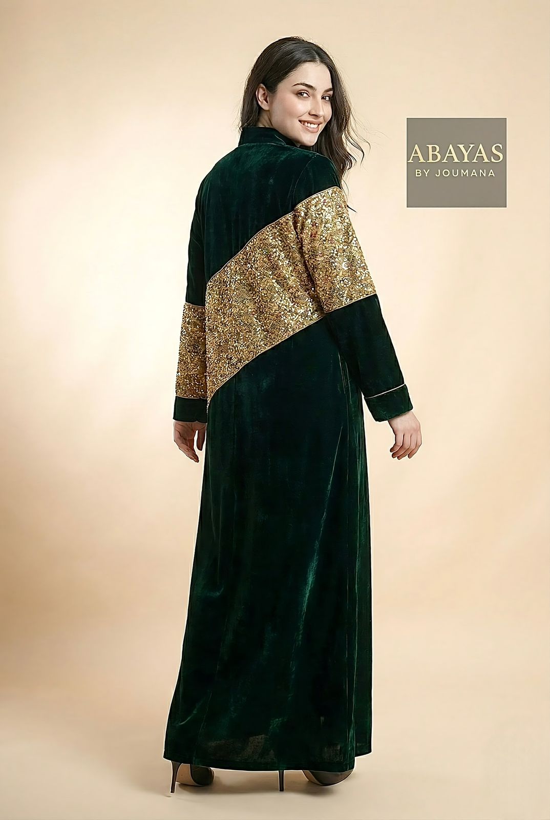Dark Green Velvet Abaya + Golden Embroidery