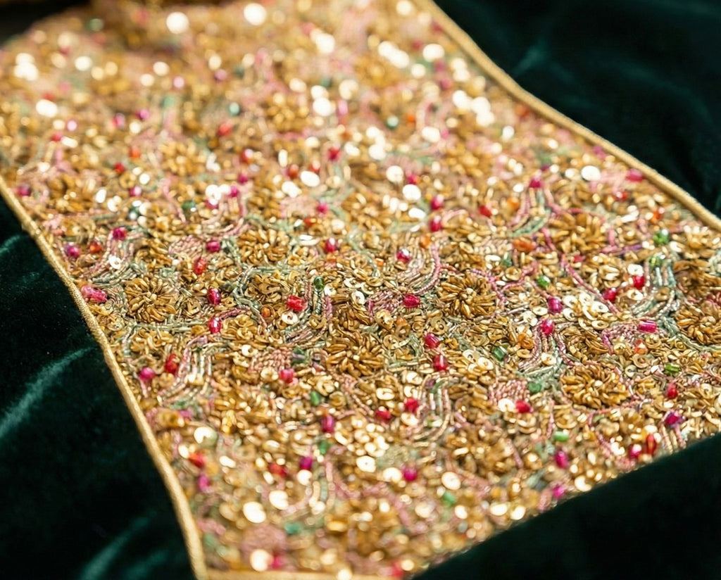 Dark Green Velvet Abaya + Golden Embroidery