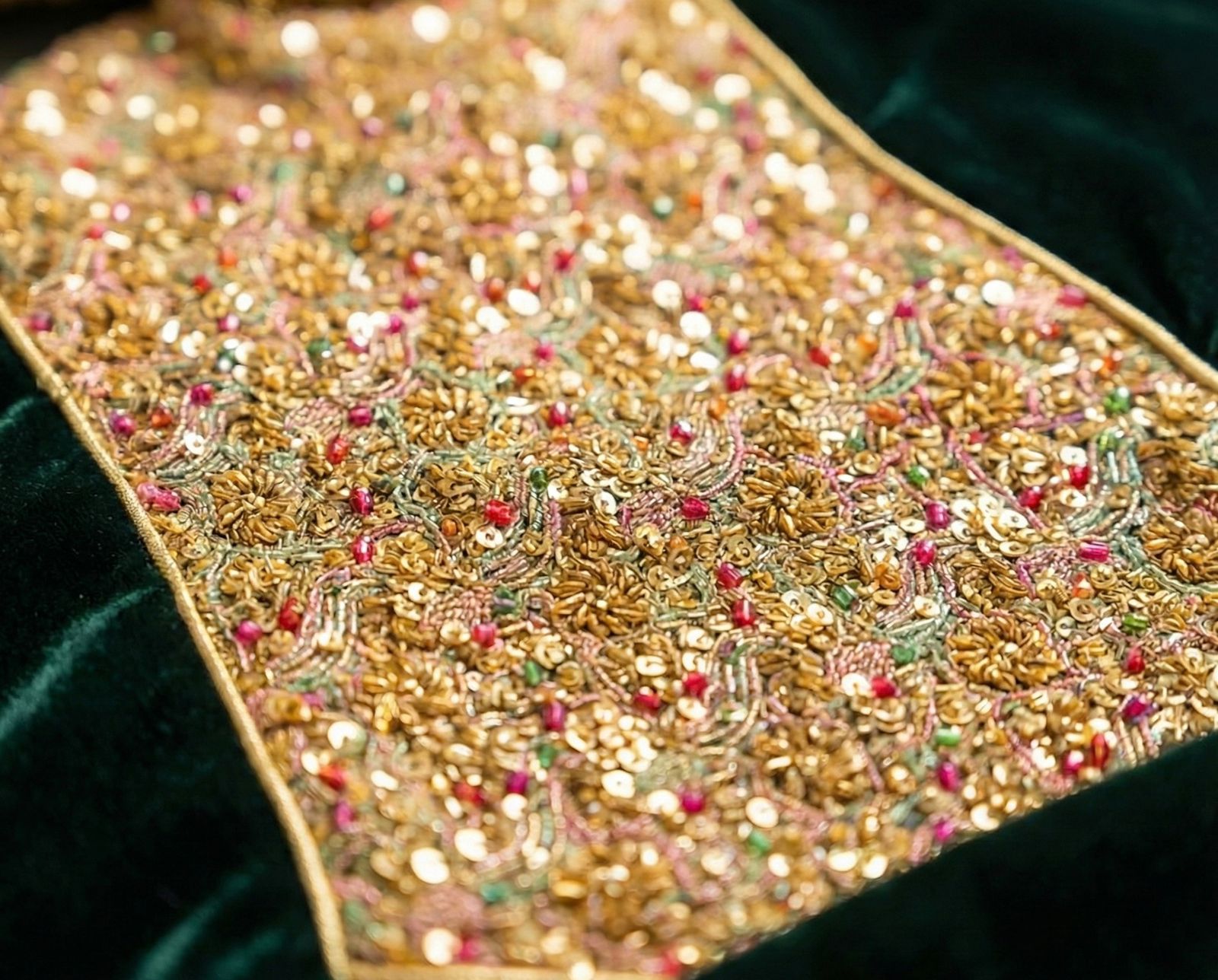 Dark Green Velvet Abaya + Golden Embroidery