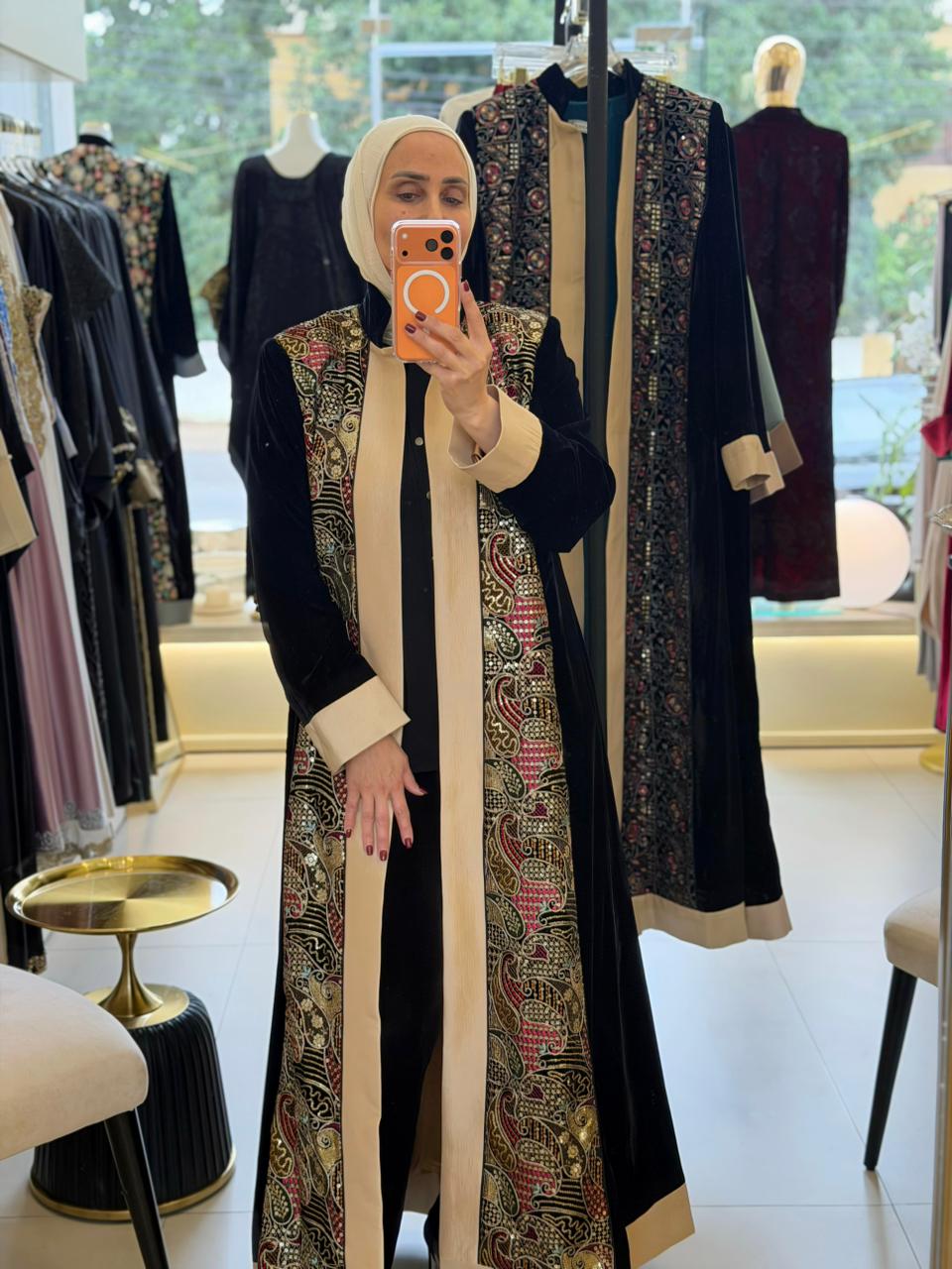 Embroidered Black Abaya (Beije Frame) + Pink Touch