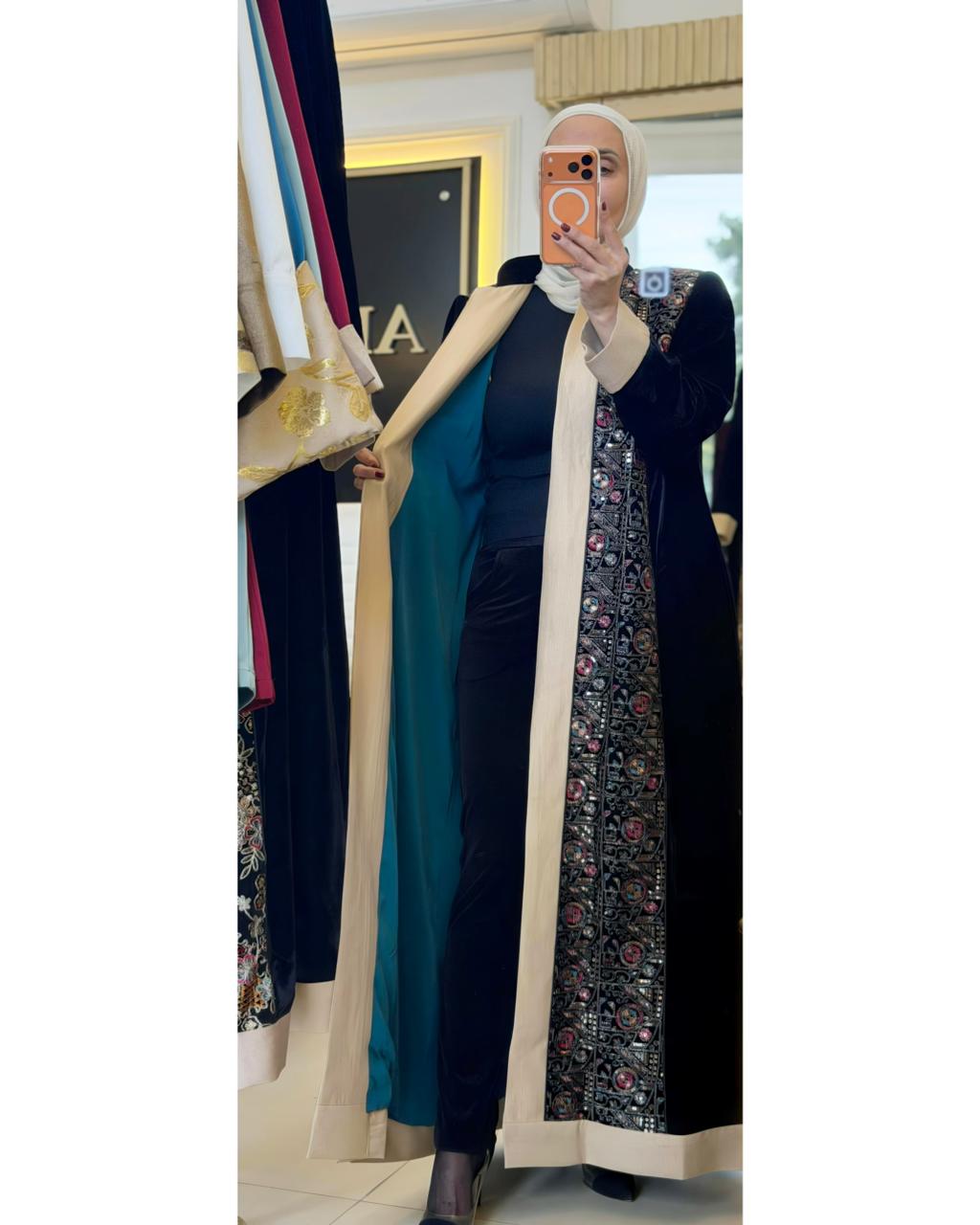 Embroidered Black Abaya (Beije Frame) + Blue Touch