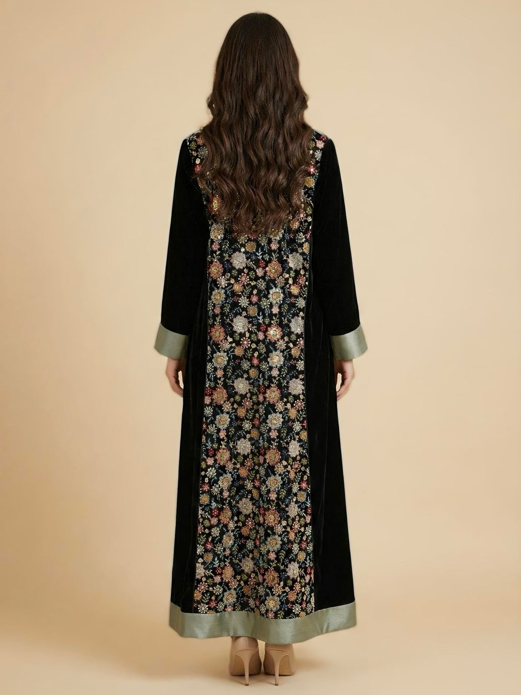 Embroidered Black Abaya (Olive Frame) Flowers with crystals