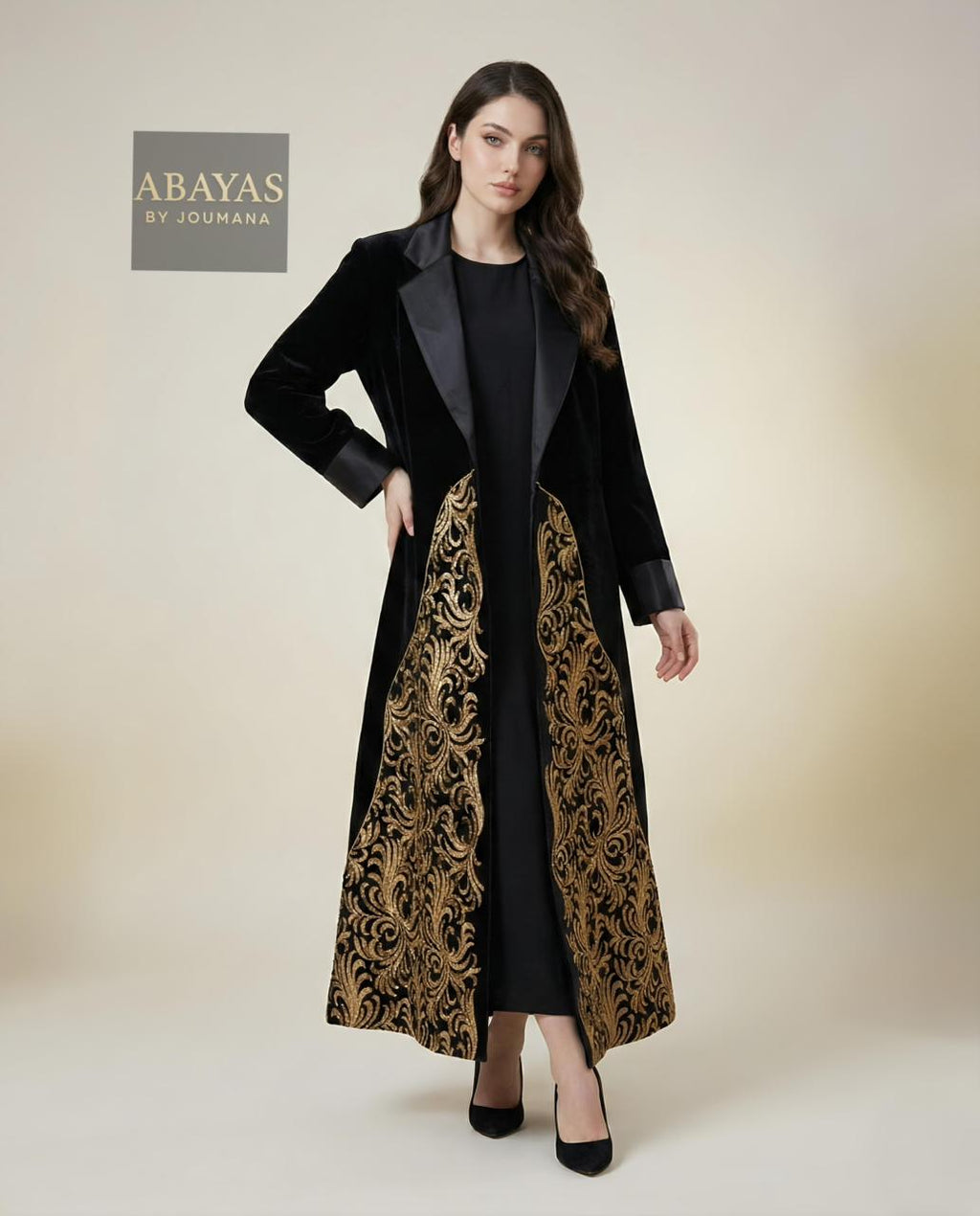 Black Velvet Abaya With Golden Embroidery