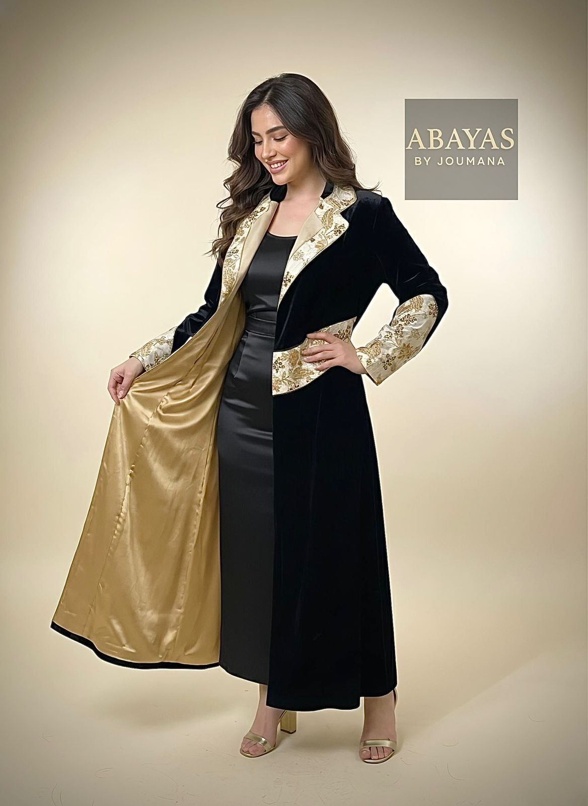 Black Velvet Abaya (Golden Touch With Crystals)