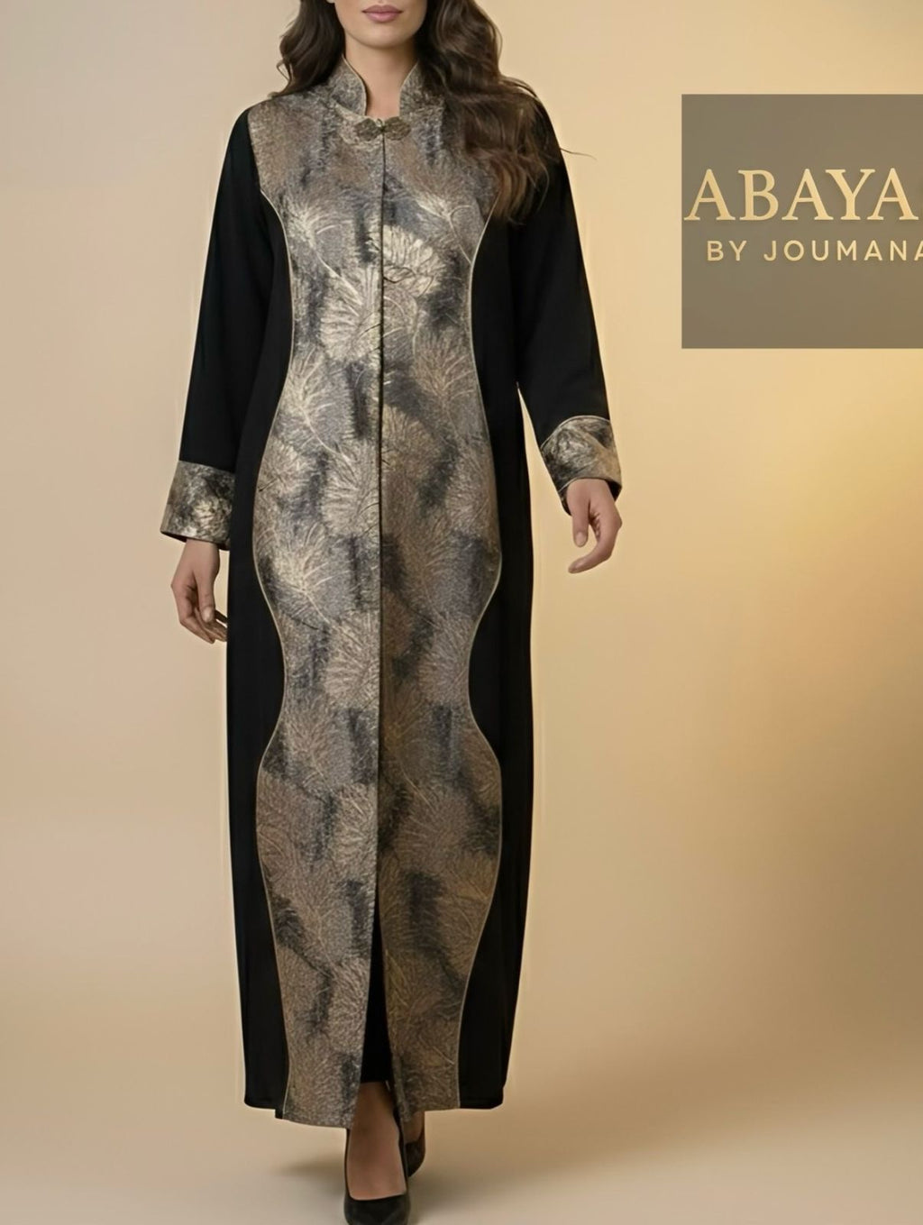 Black Premium Crepe Abaya + Jaqard Fabric (Feathers Pattern)